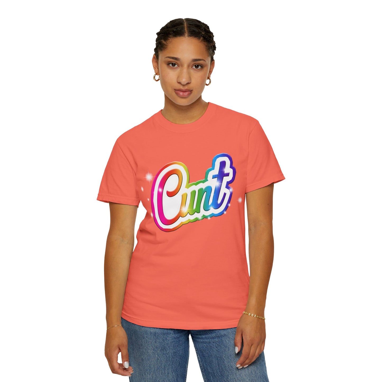 Unisex T-shirt with rainbow Lisa Frank style Cunt lettering.