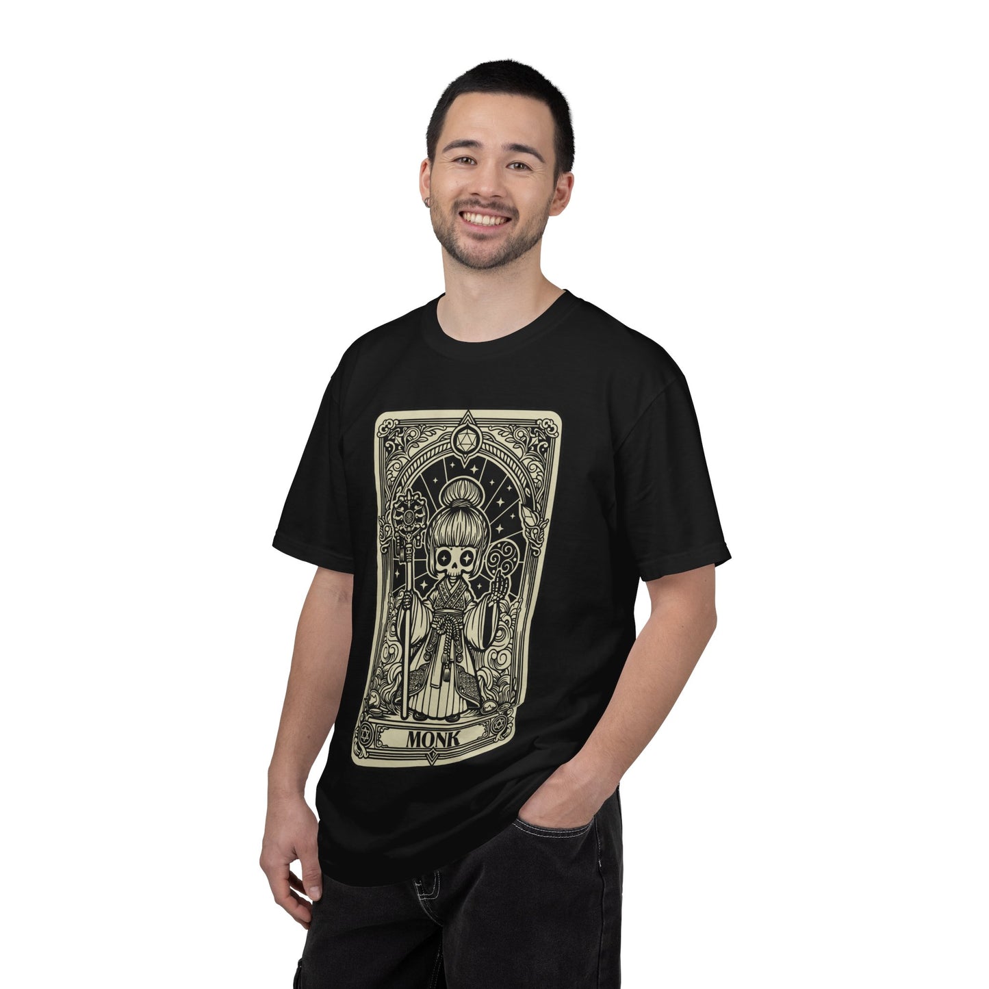Man wearing a black t-shirt with a graphic Monk design on a white background