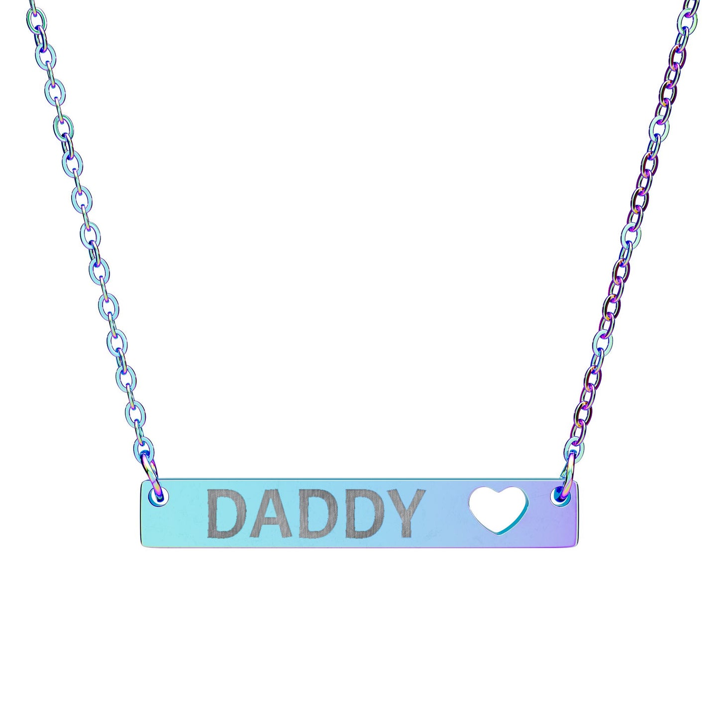 Engraved DADDY bar necklace with heart cutout.