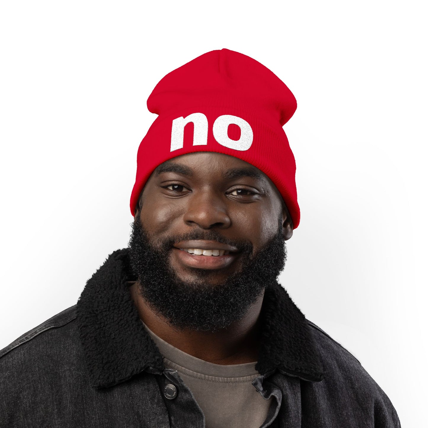Embroidered beanie with the word “no”.