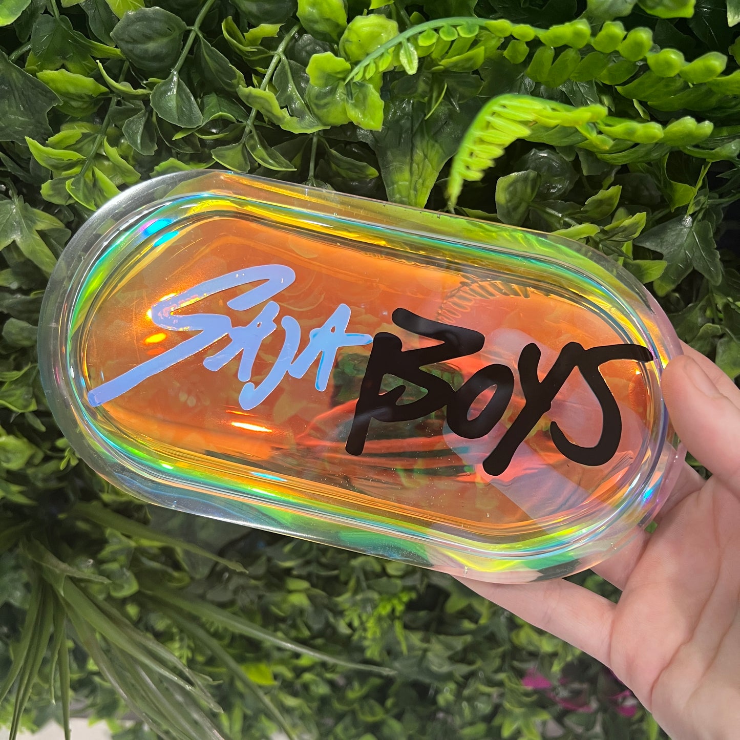 Handmade trinket tray featuring Saja Boys and Huntrix logos from KPOP Demon Hunters. Perfect for jewelry, small items, or decorative fandom display.