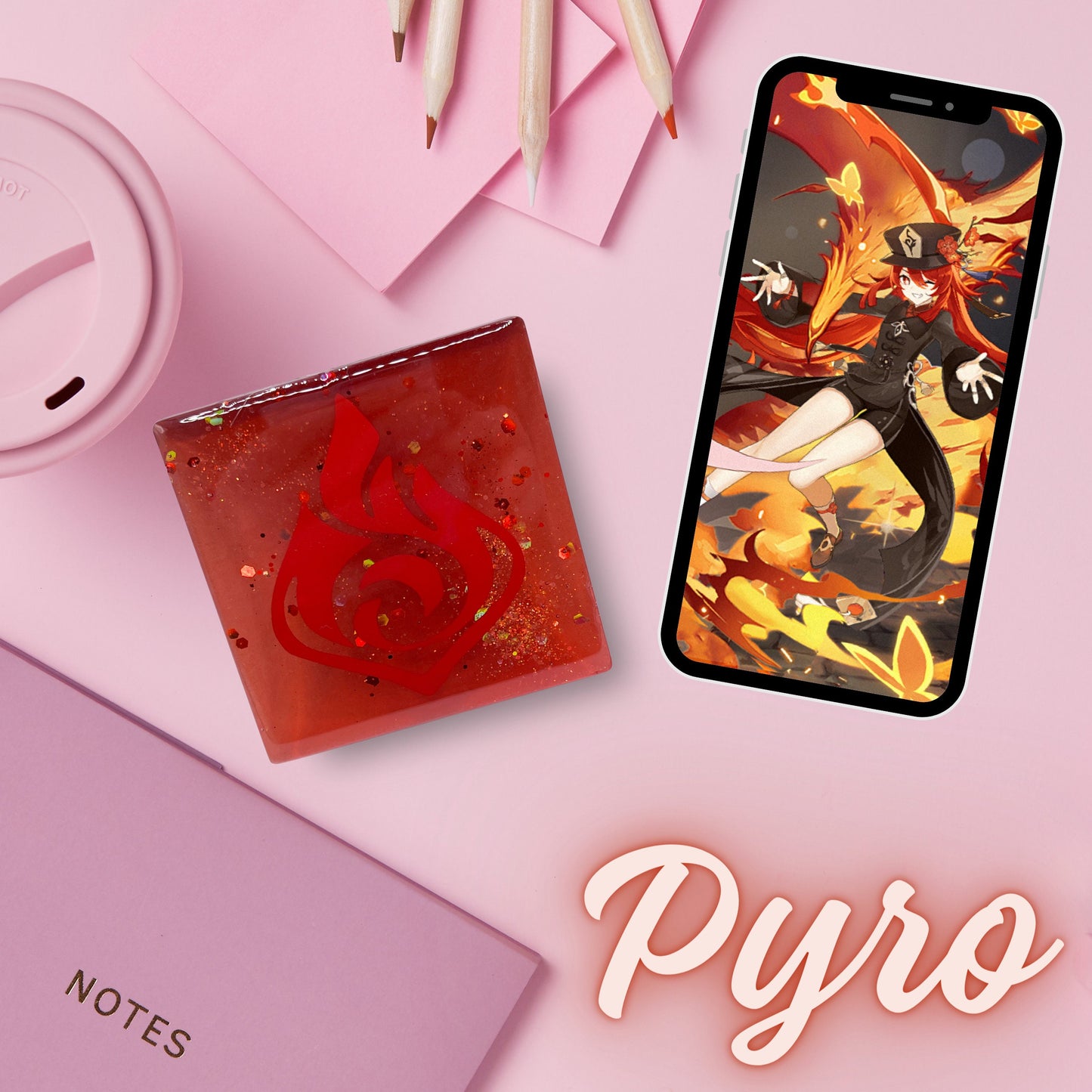 Handmade Genshin Impact element-themed resin coasters featuring designs of all seven elemental powers. Perfect gift for fans of the game or as unique decor for gamers and collectors alike.