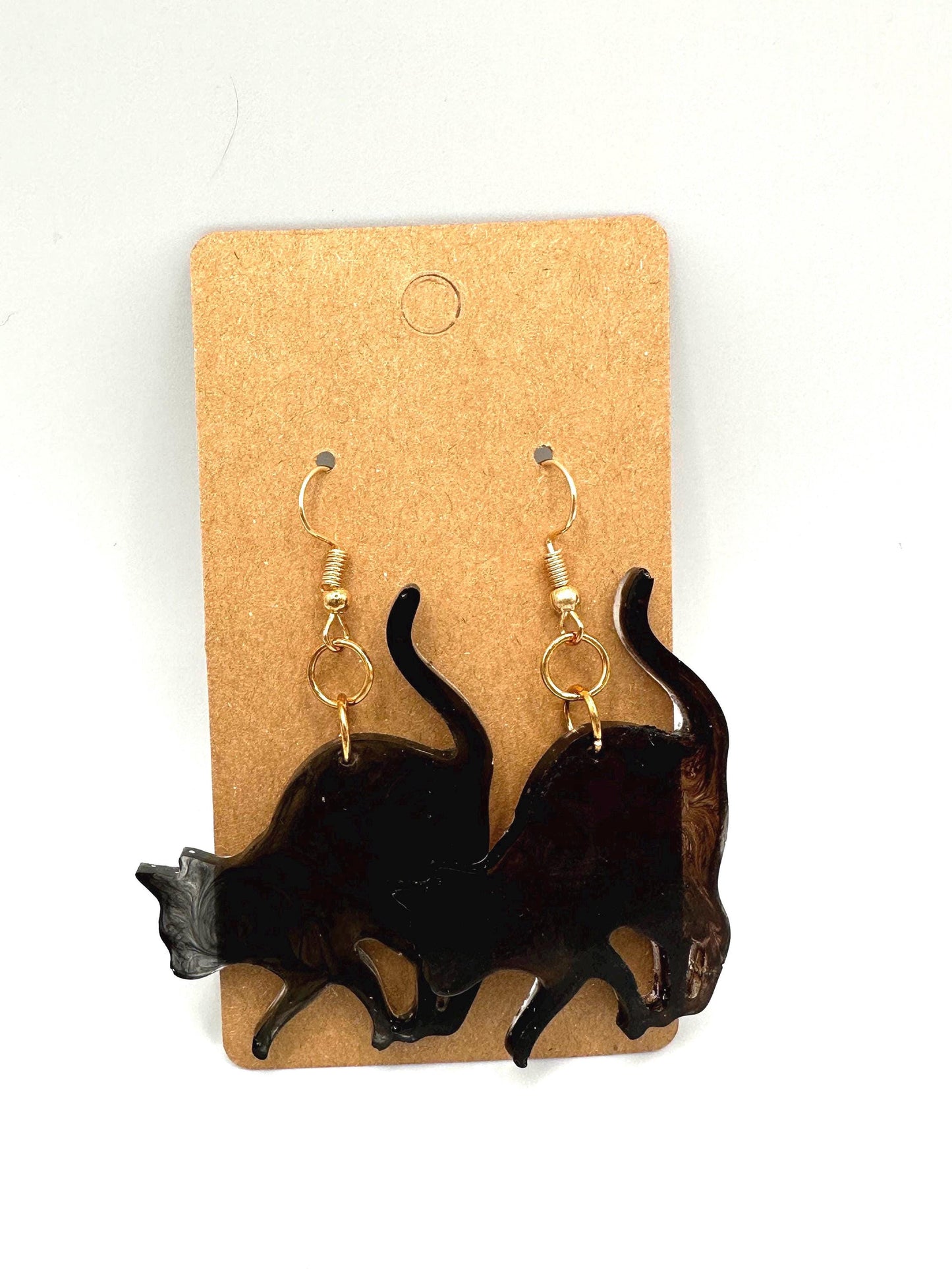 Brass & Resin Cat Dangle Earrings - 65mm