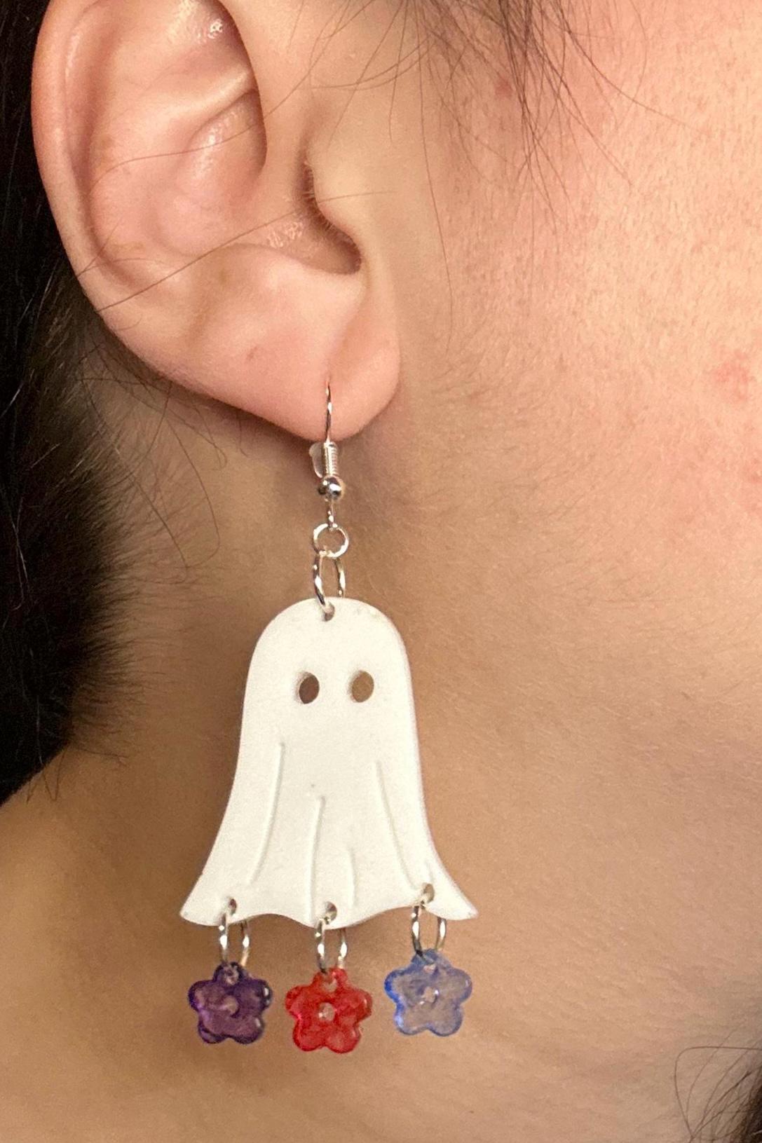 Floral Ghost Dangle Earrings: Steel & Resin Charms