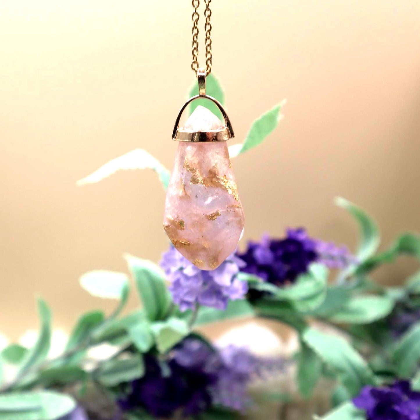 Pink Resin Faux Crystal Pendant Necklace: Gold Flake Inlay