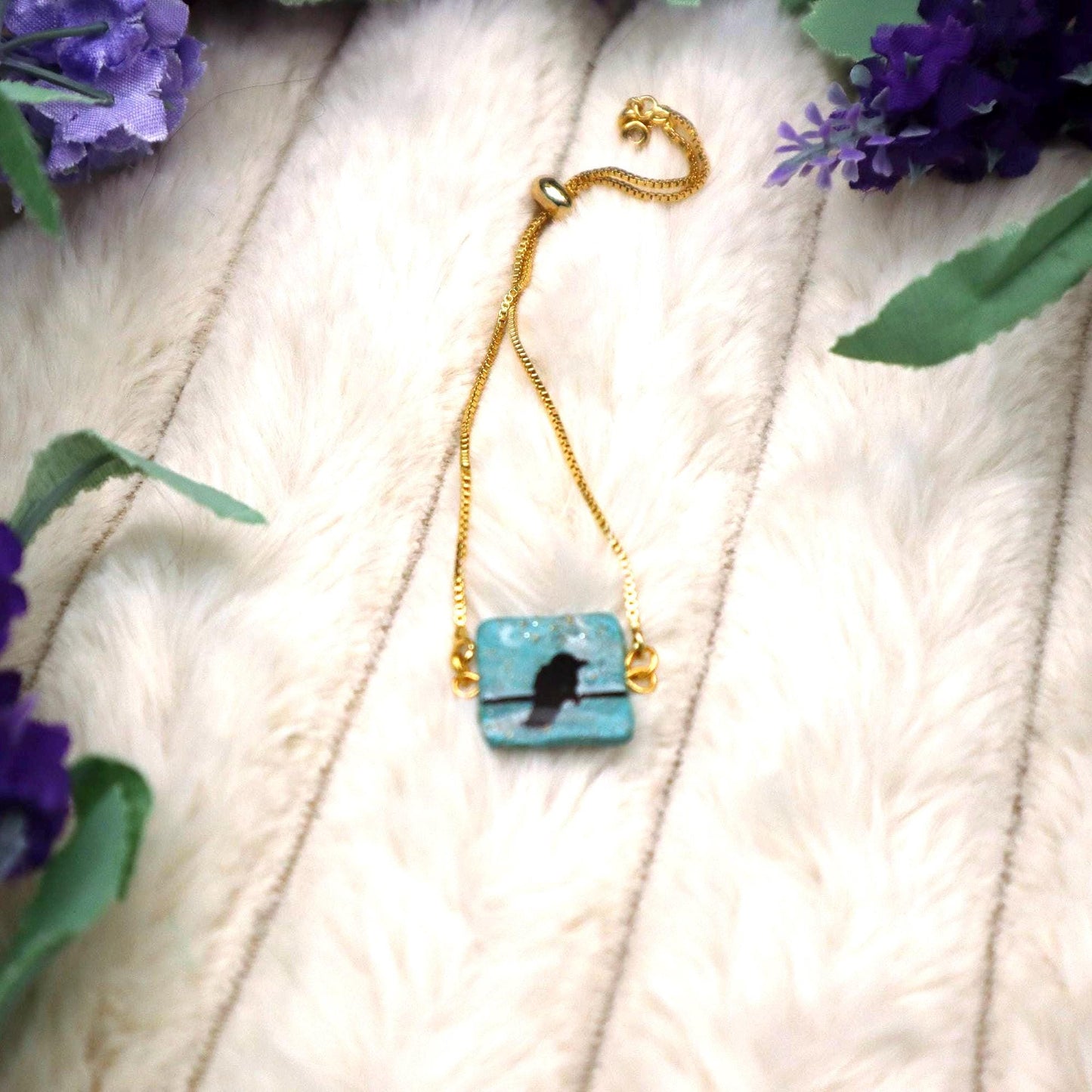 Raven Pendant Bracelet: Polymer Clay, Gold Plated Chain