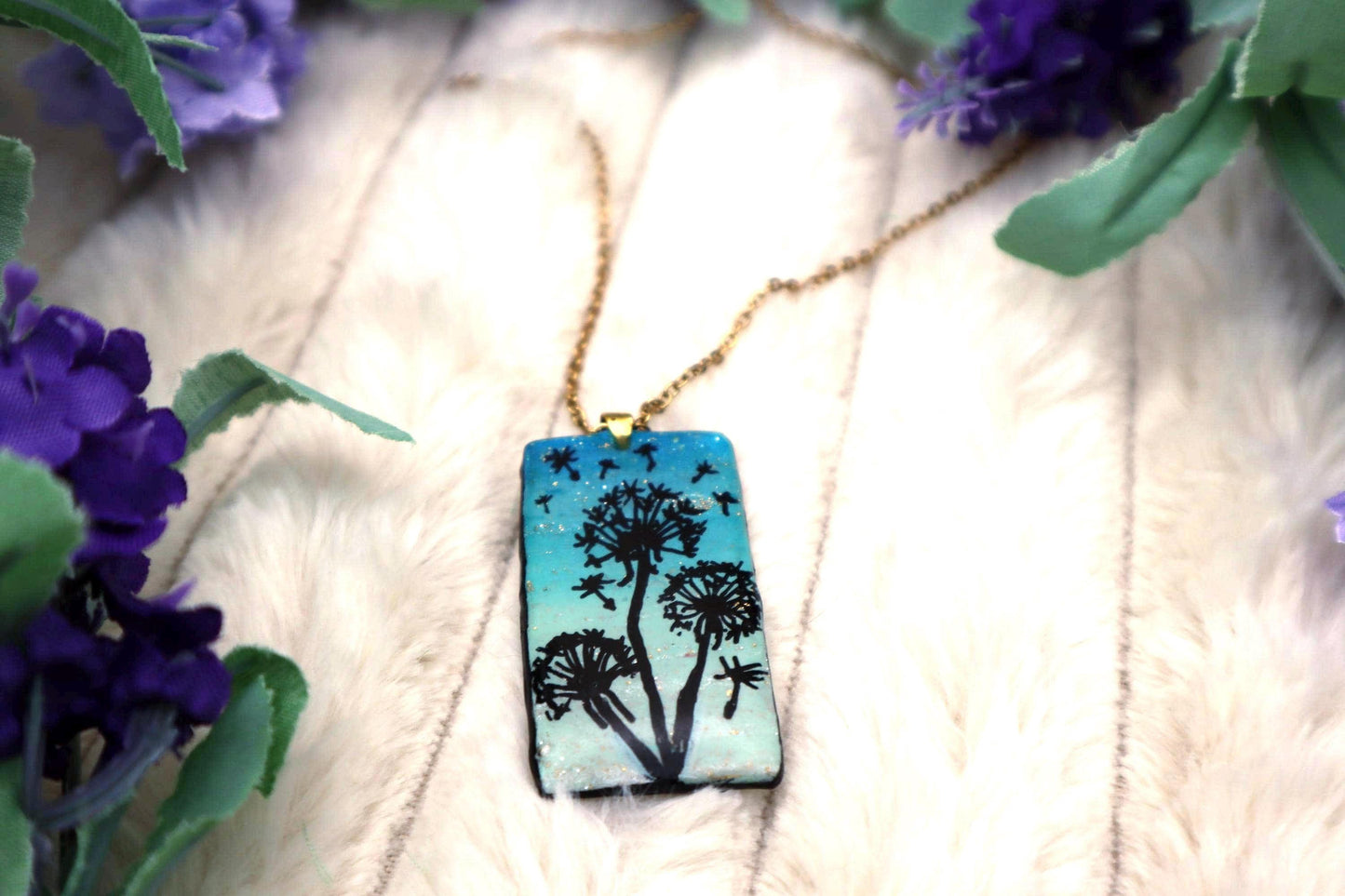 Handmade Dandelion Pendant Necklace: Handpainted Gold Plated Chain