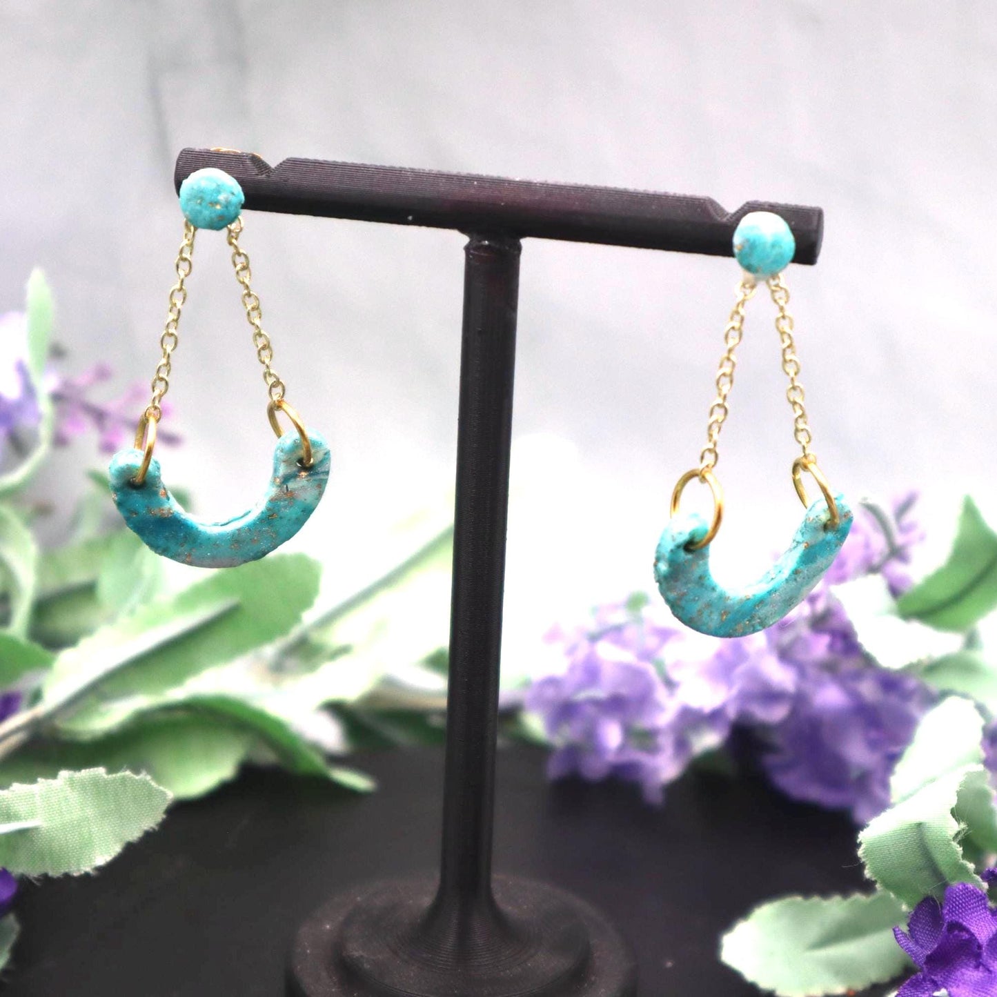 Gold & Turquoise Polymer Clay Dangle Earrings: Modern Boho Arch