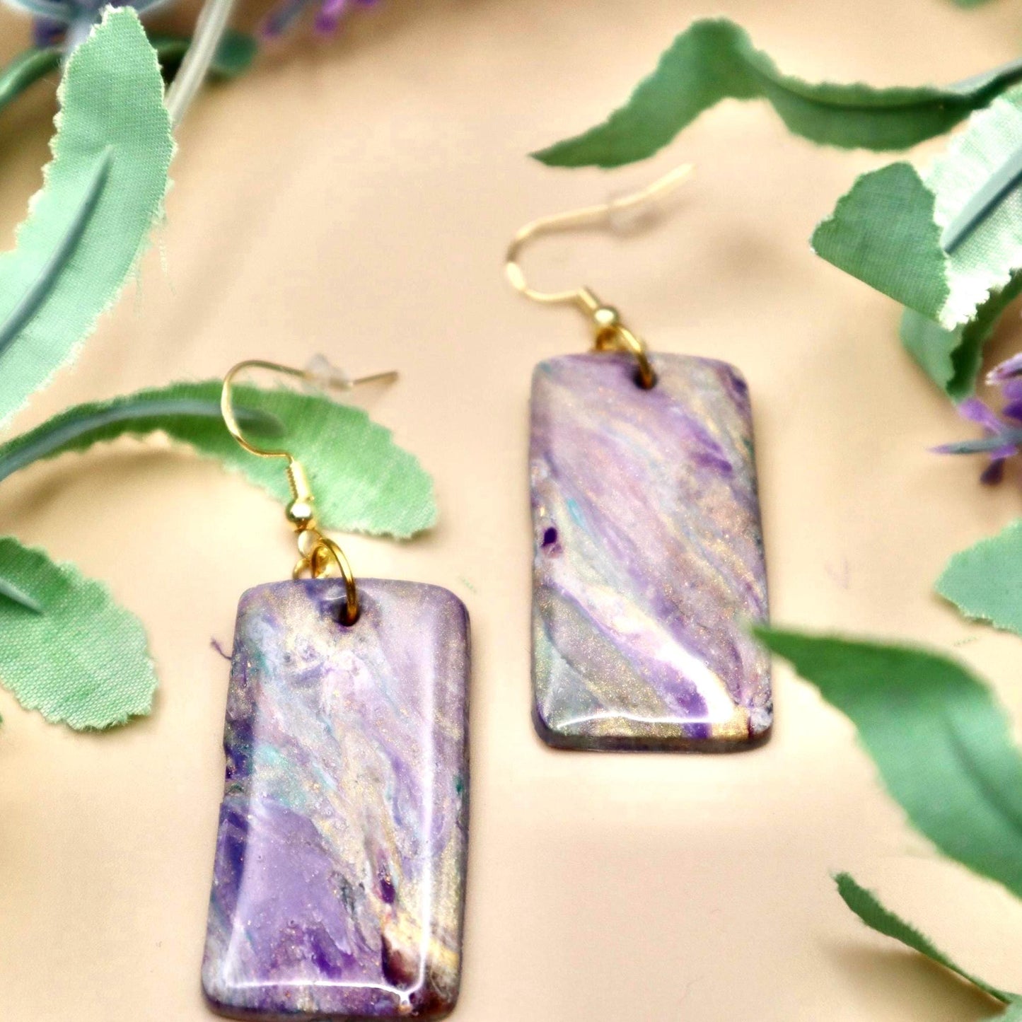 Purple Marble Polymer Clay Dangle Earrings with Gold Hooks
