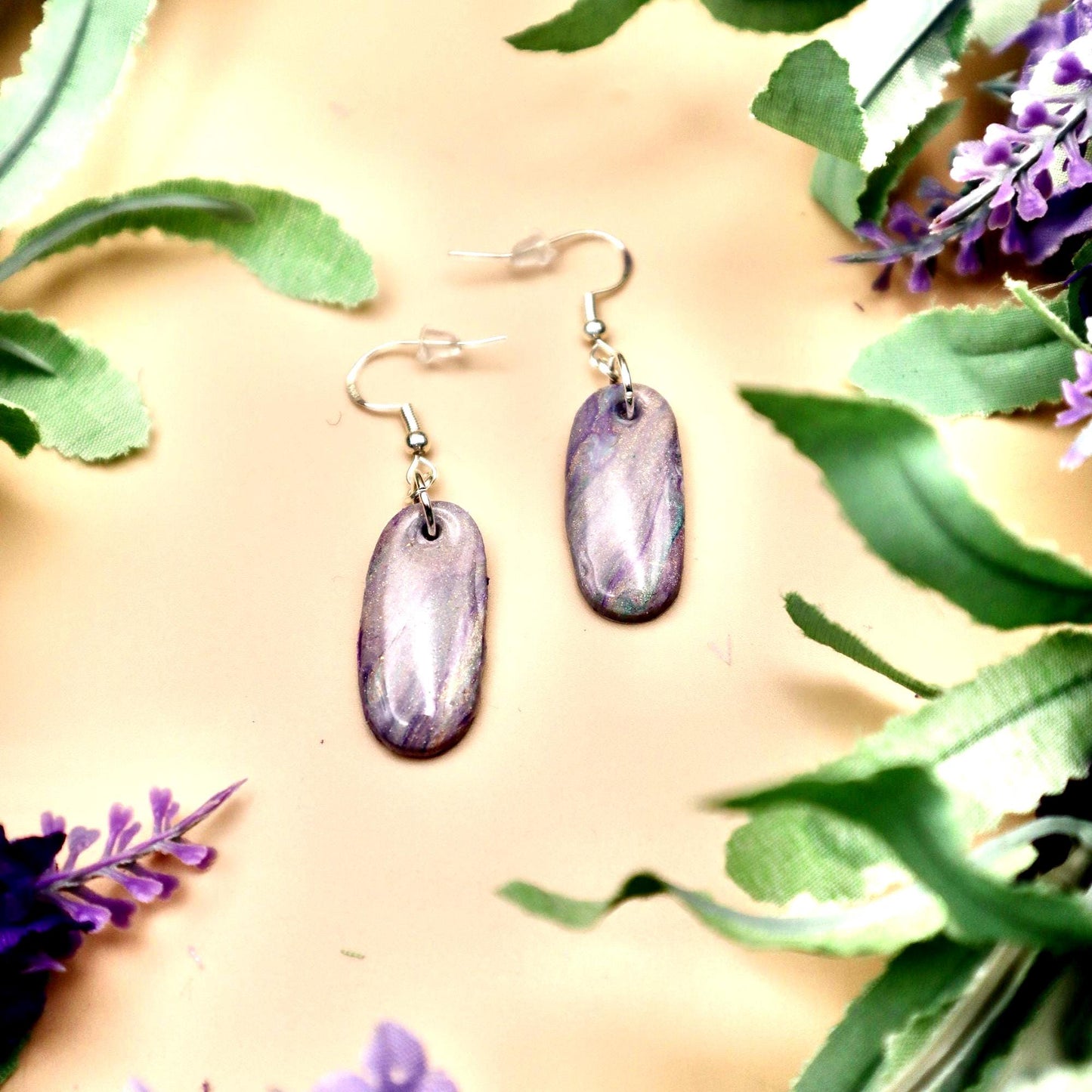 Lavender Marble Dangle Earrings: Polymer Clay, Silver Hooks
