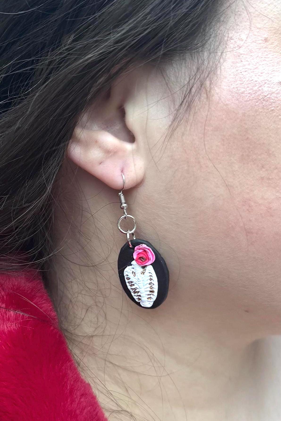 Floral Ribcage Earrings: Pink Gothic Polymer Clay Steel Charms