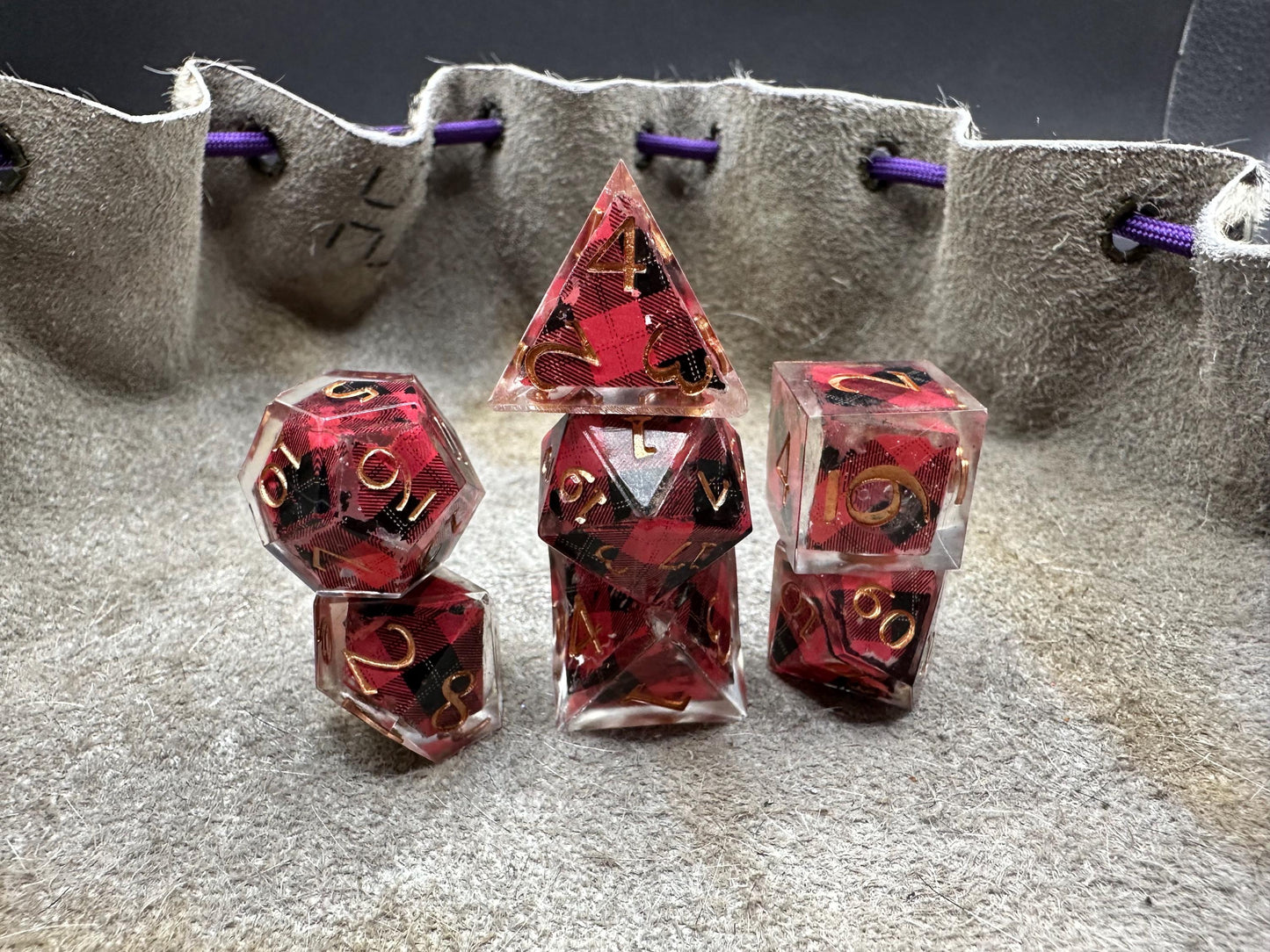 Handmade Plaid Red, Black, and Gold Dice Set – RPG DnD Dice