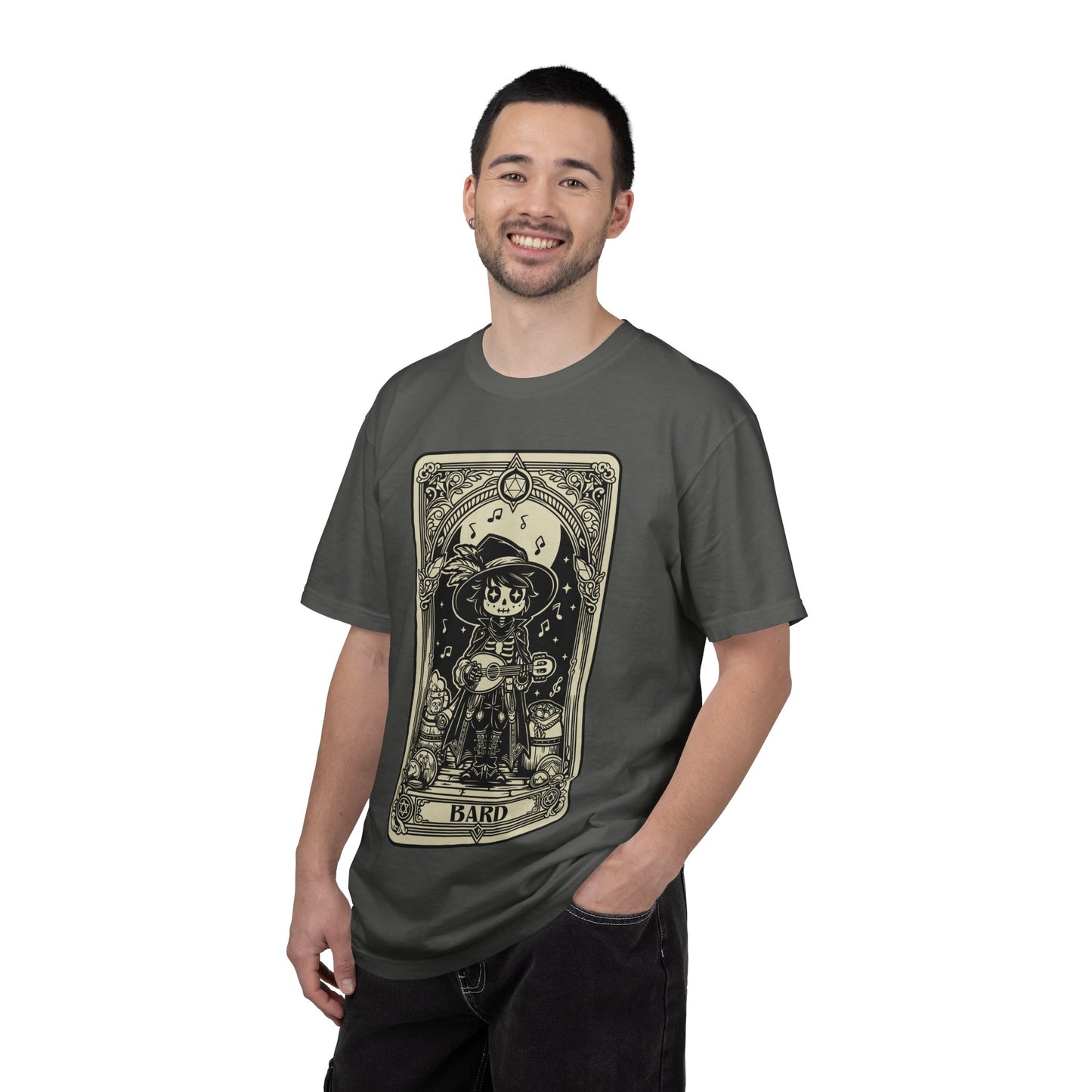 Man wearing a dark gray t-shirt with a DND Bard Tarot card design on a white background