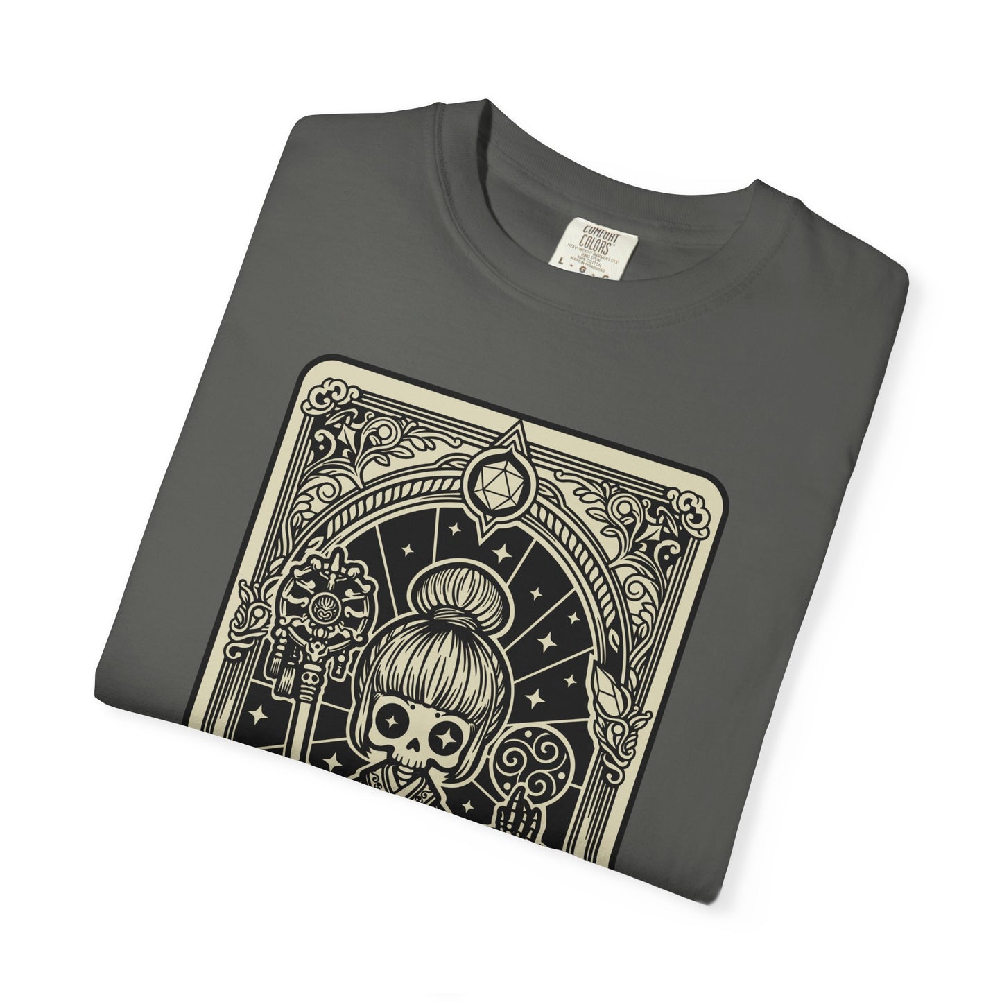 Folded gray t-shirt with a black and white graphic Monk design on a white background