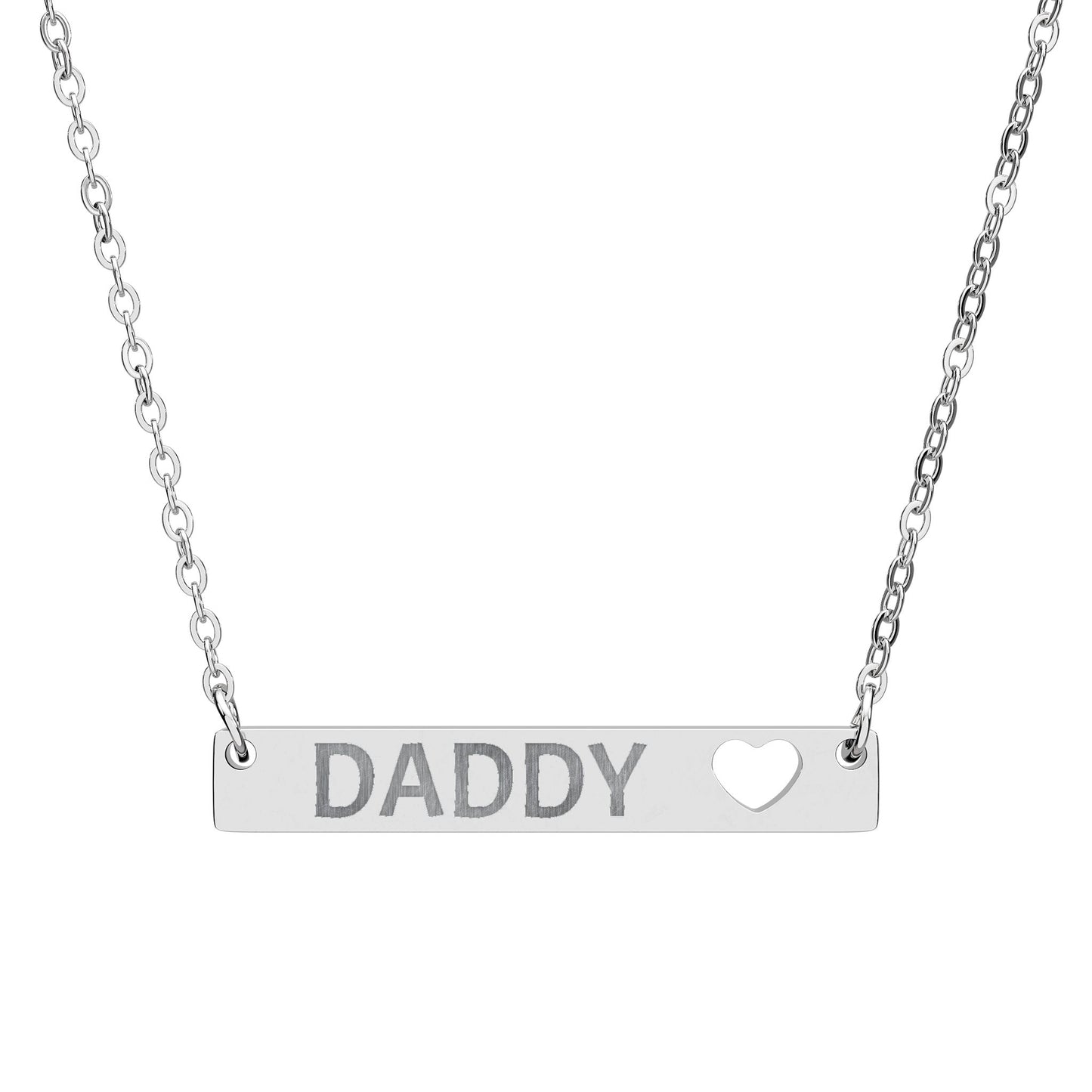 Engraved DADDY bar necklace with heart cutout.