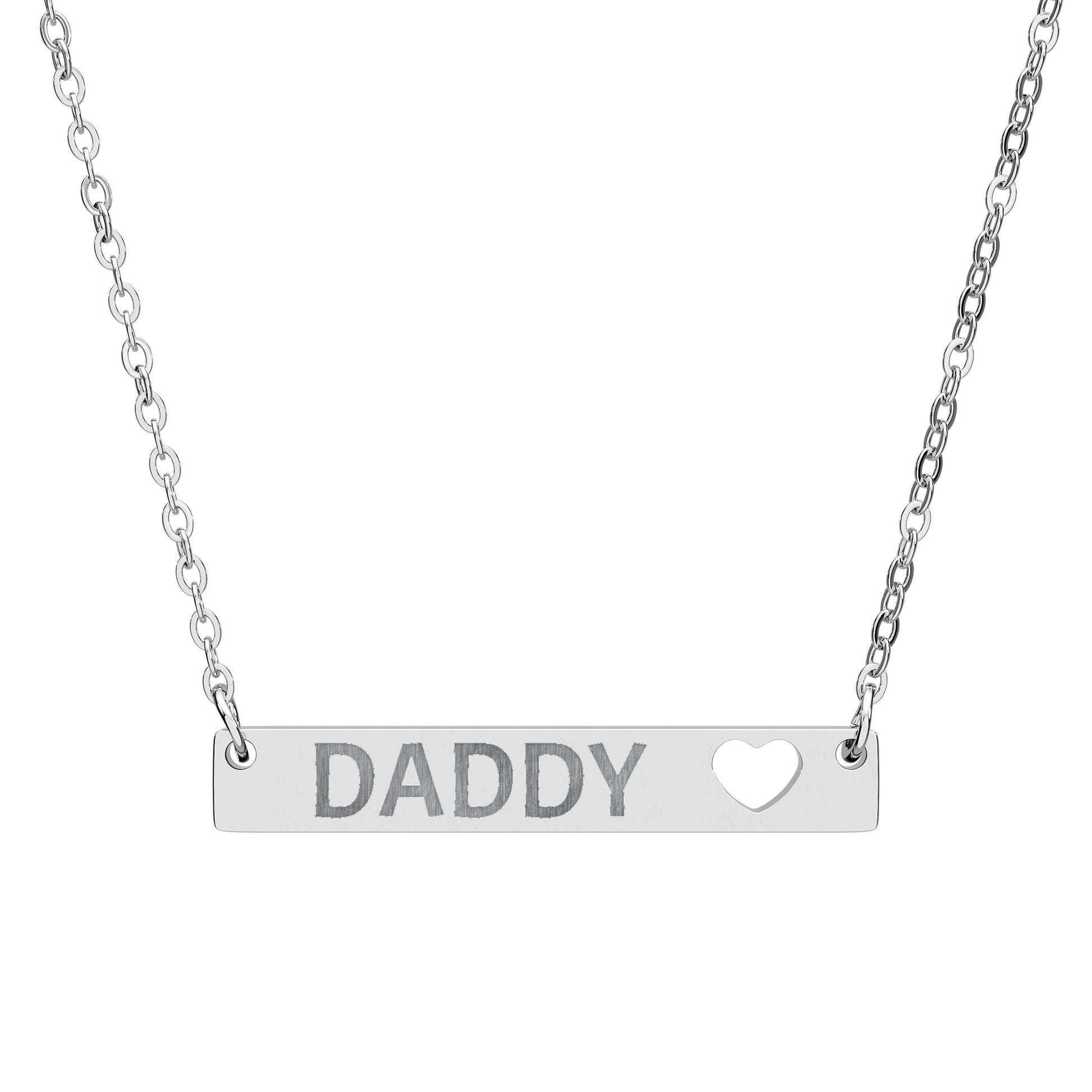 Engraved DADDY bar necklace with heart cutout.