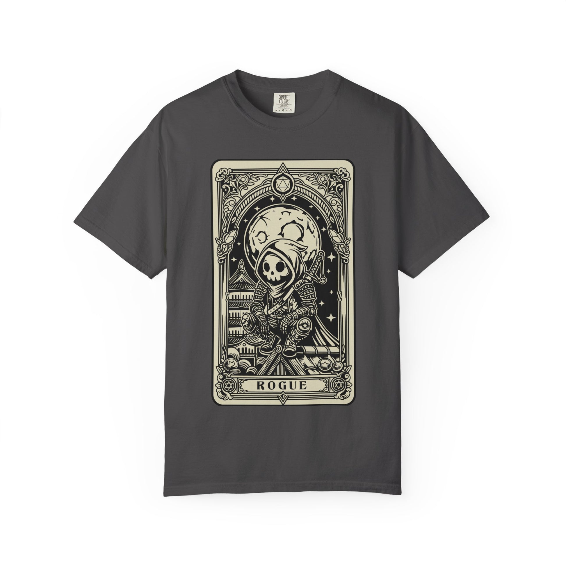 Dark gray DND Rogue t-shirt with a graphic design of a card featuring a skull and text on a white background