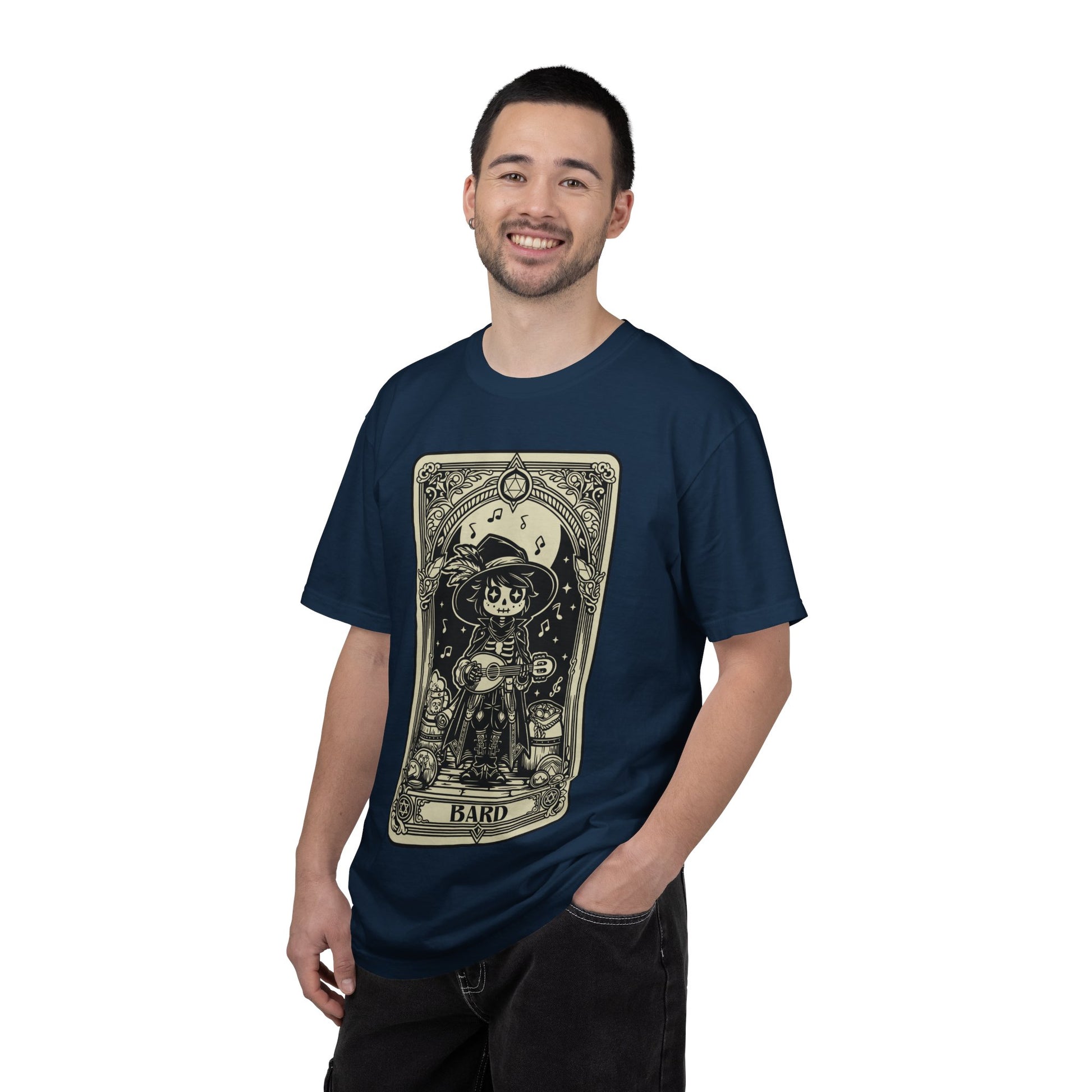Man wearing a navy blue t-shirt with a DND Bard Tarot card design on a white background