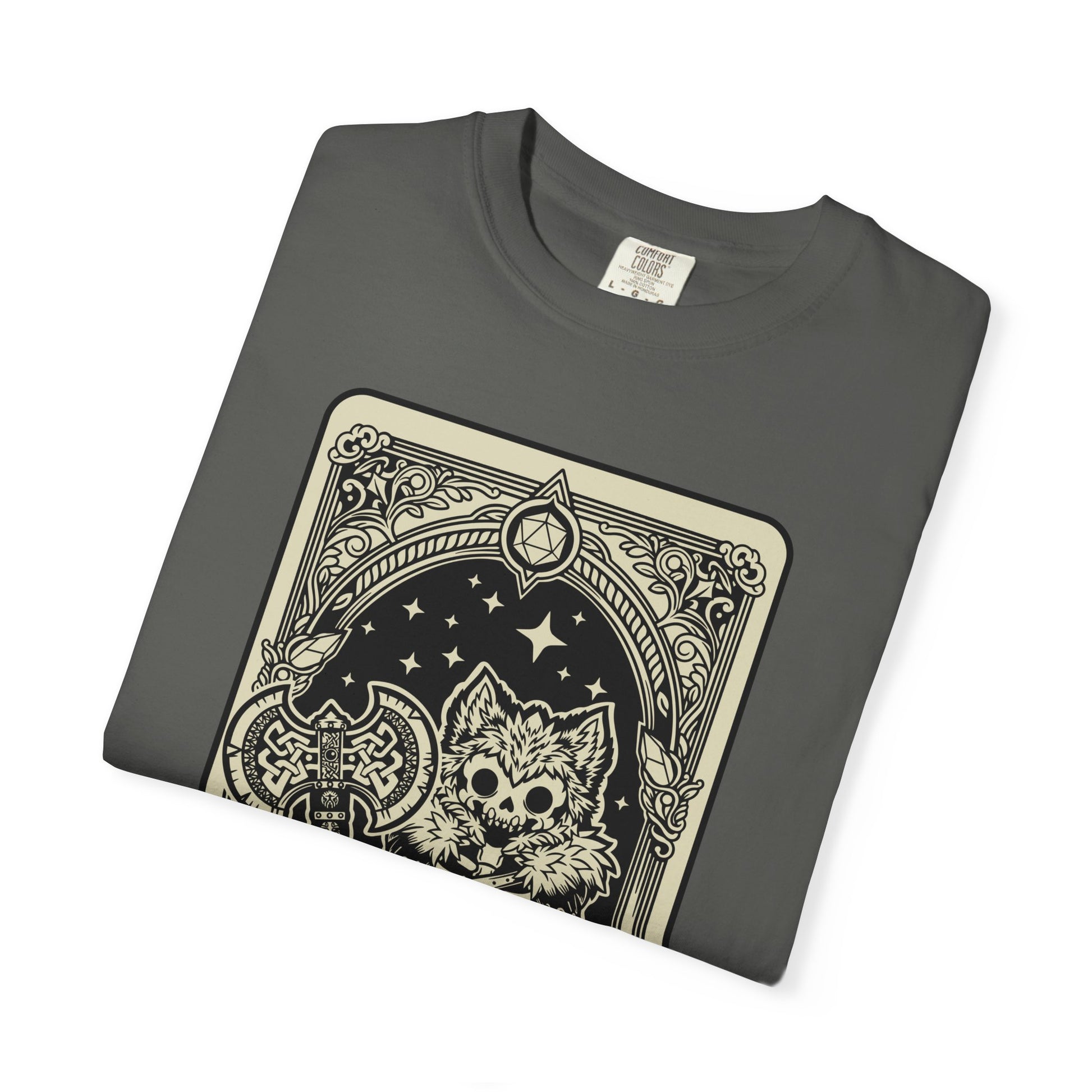 Folded gray t-shirt with a black and white Barbarian graphic design on a white background