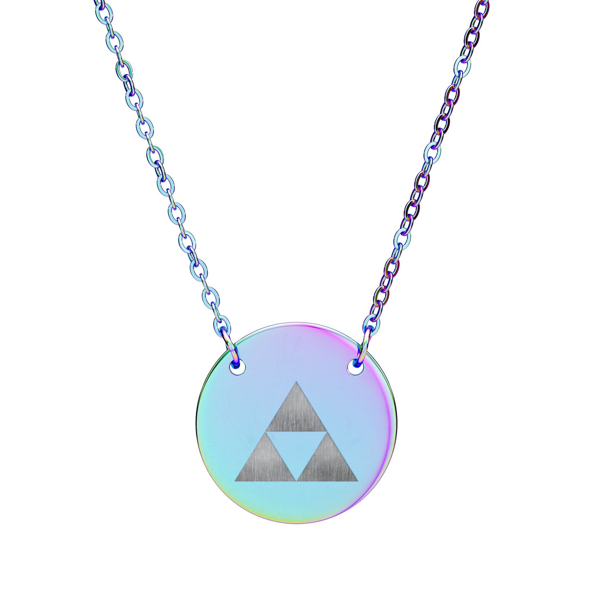 Necklace with a round, iridescent pendant featuring a triforce on a white background