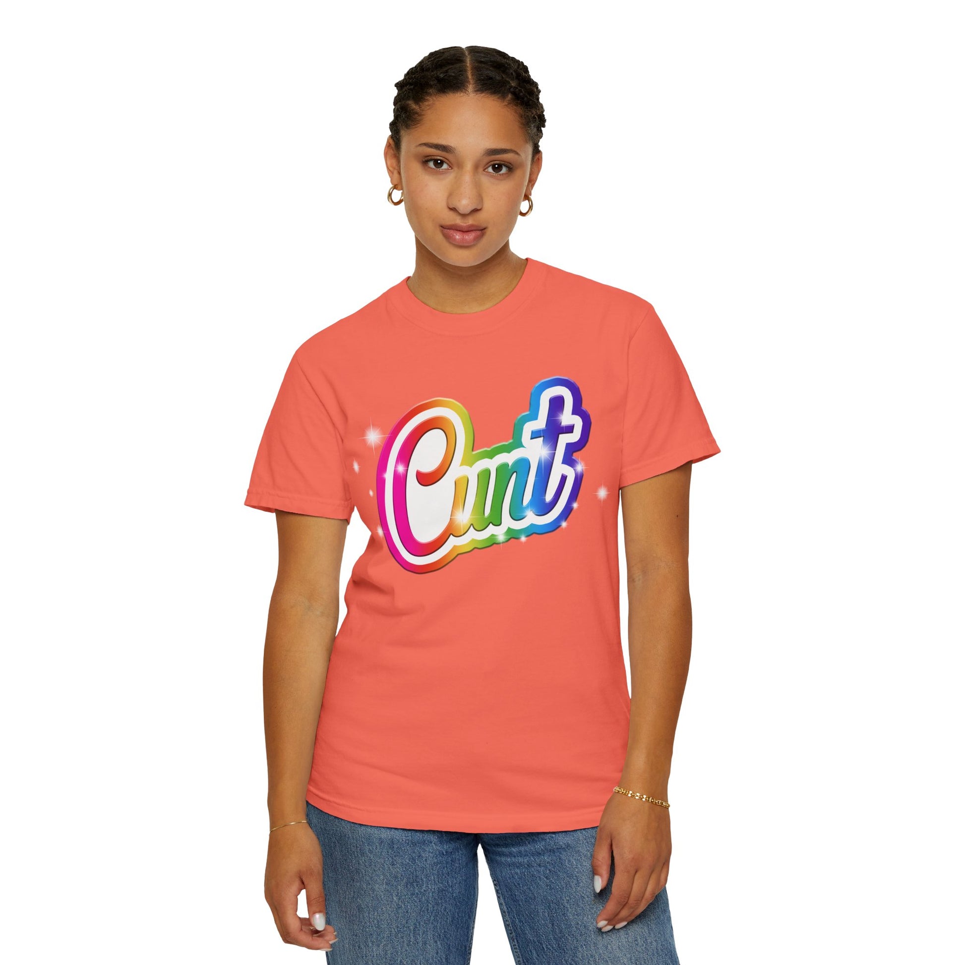 Unisex T-shirt with rainbow Lisa Frank style Cunt lettering.
