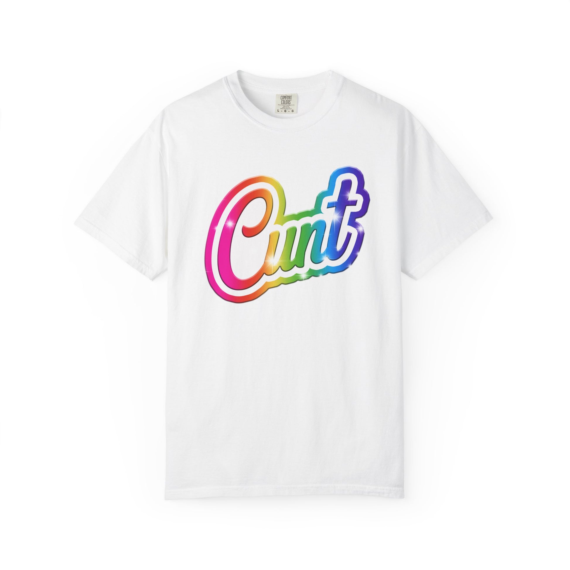 Unisex T-shirt with rainbow Lisa Frank style Cunt lettering.