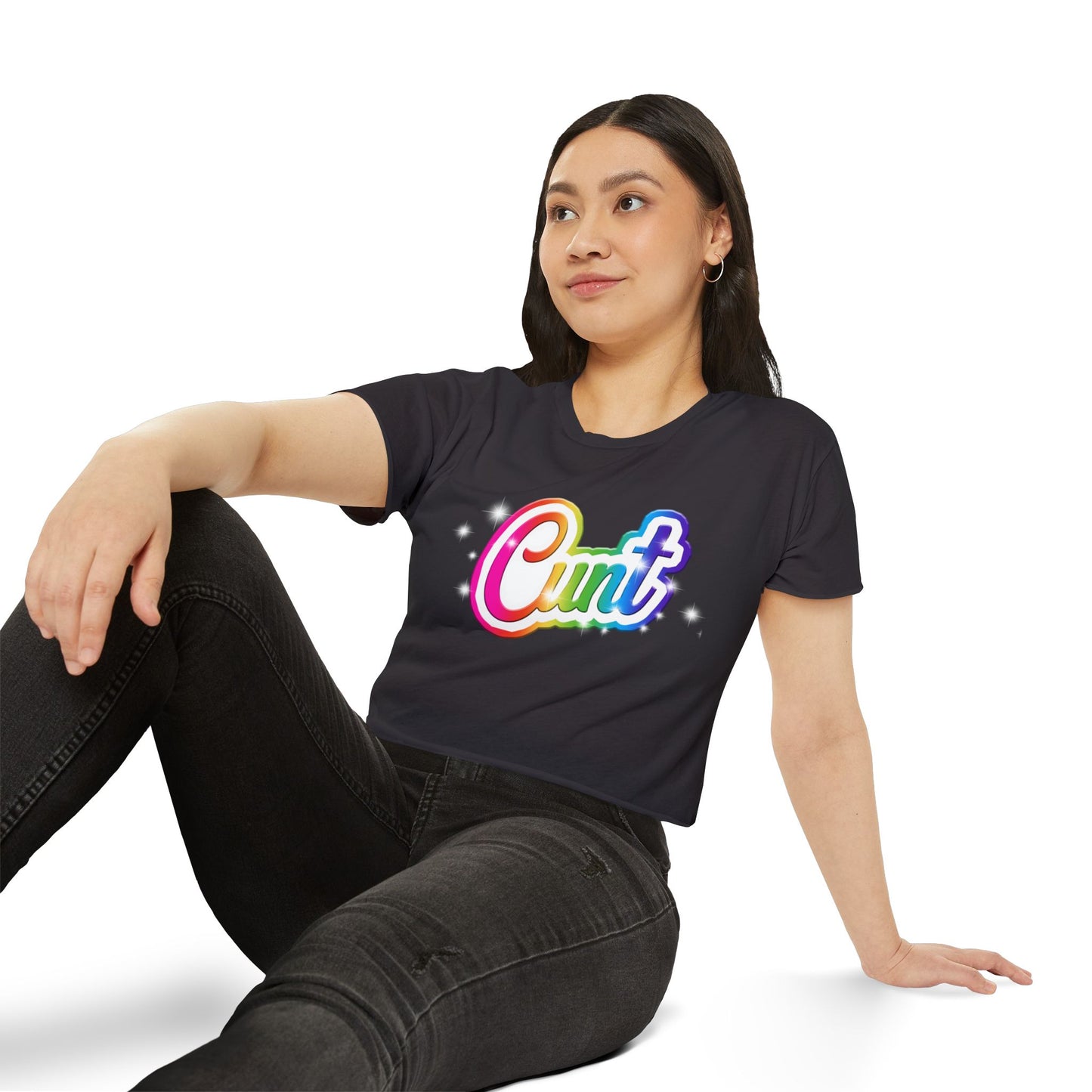 Crop top t-shirt with rainbow Lisa Frank style Cunt lettering.