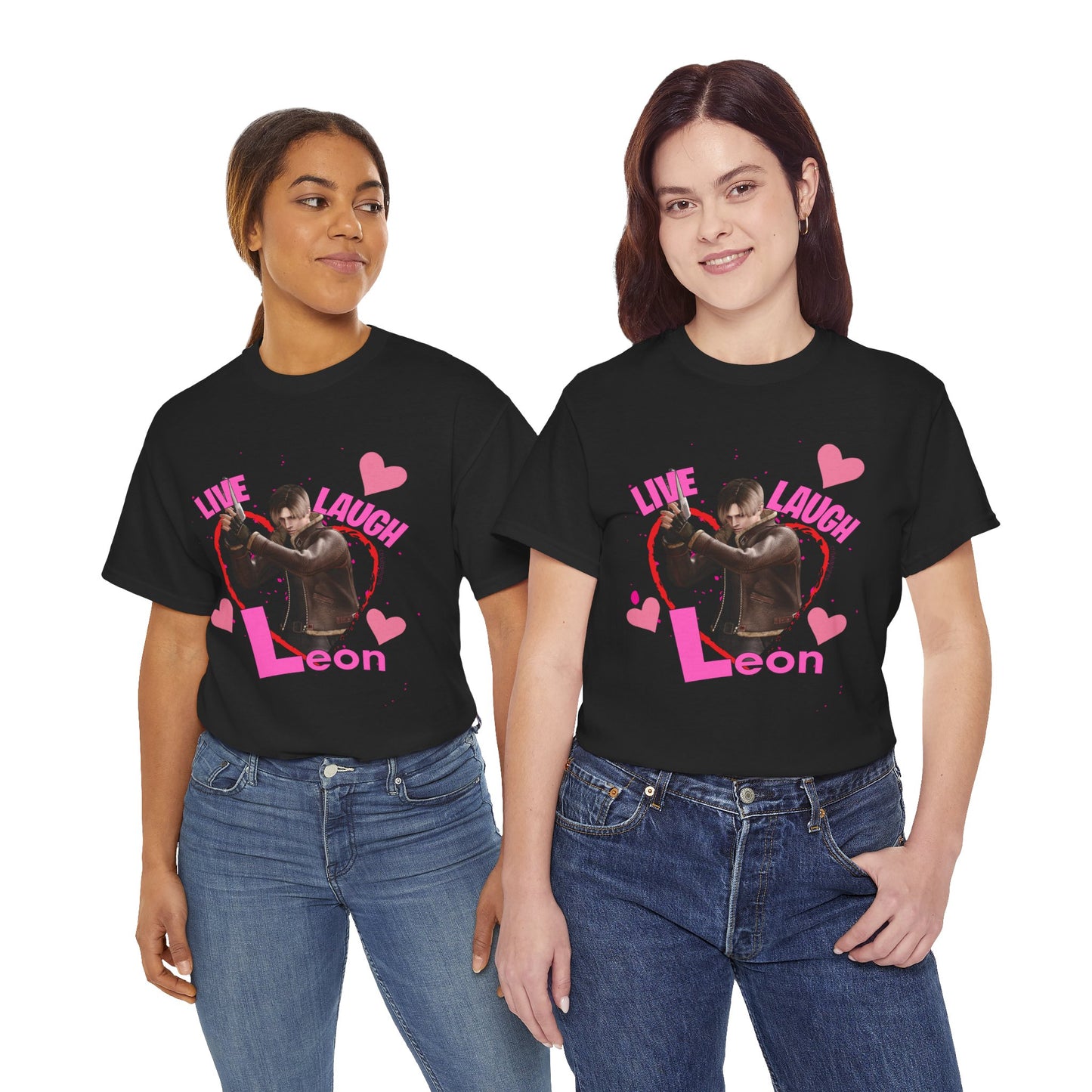 Resident Evil-inspired fan t-shirt featuring Leon S. Kennedy with heart graphics and the text ‘Live Laugh Leon.’ Perfect gift for Resident Evil fans and Valentine's Day.