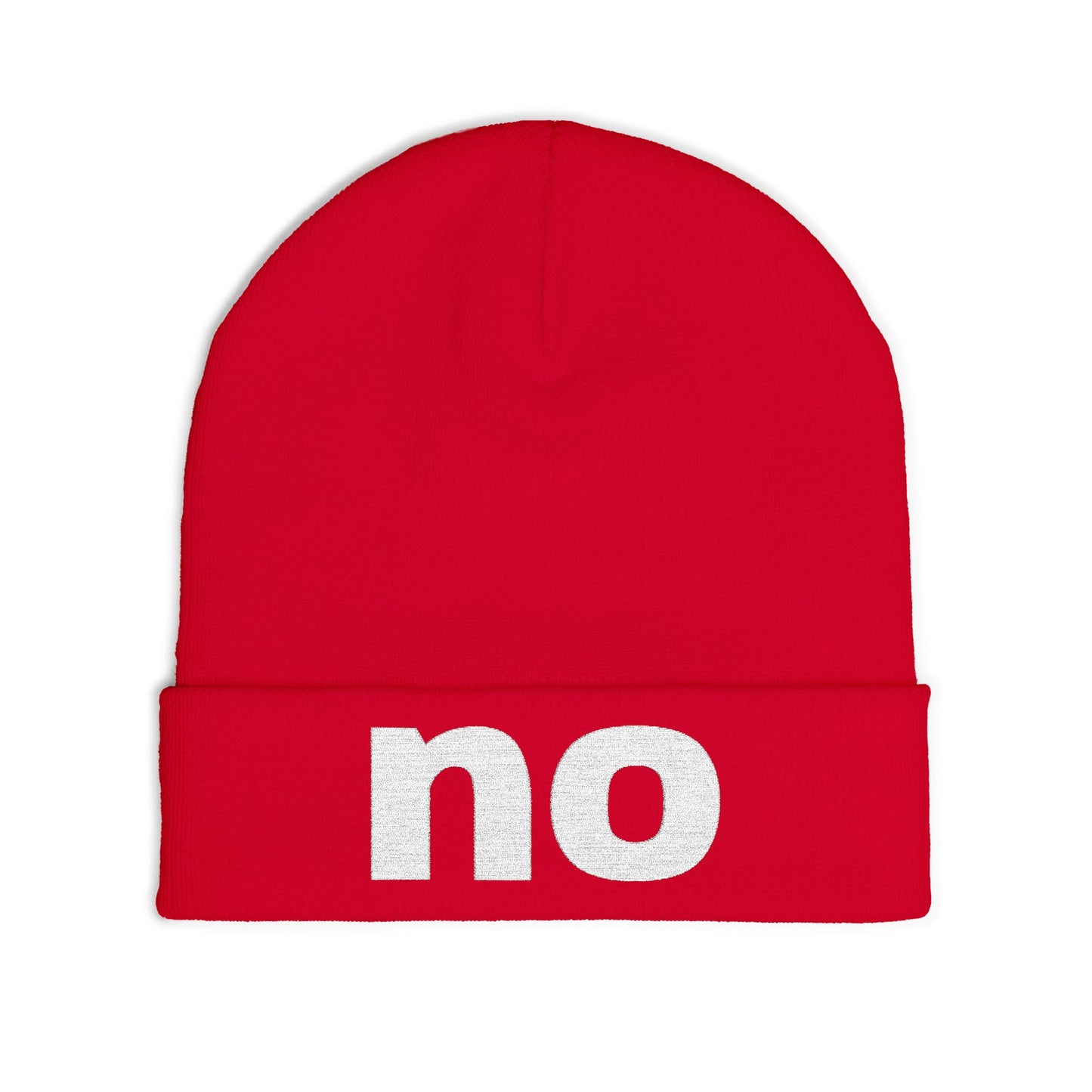 Embroidered beanie with the word “no”.