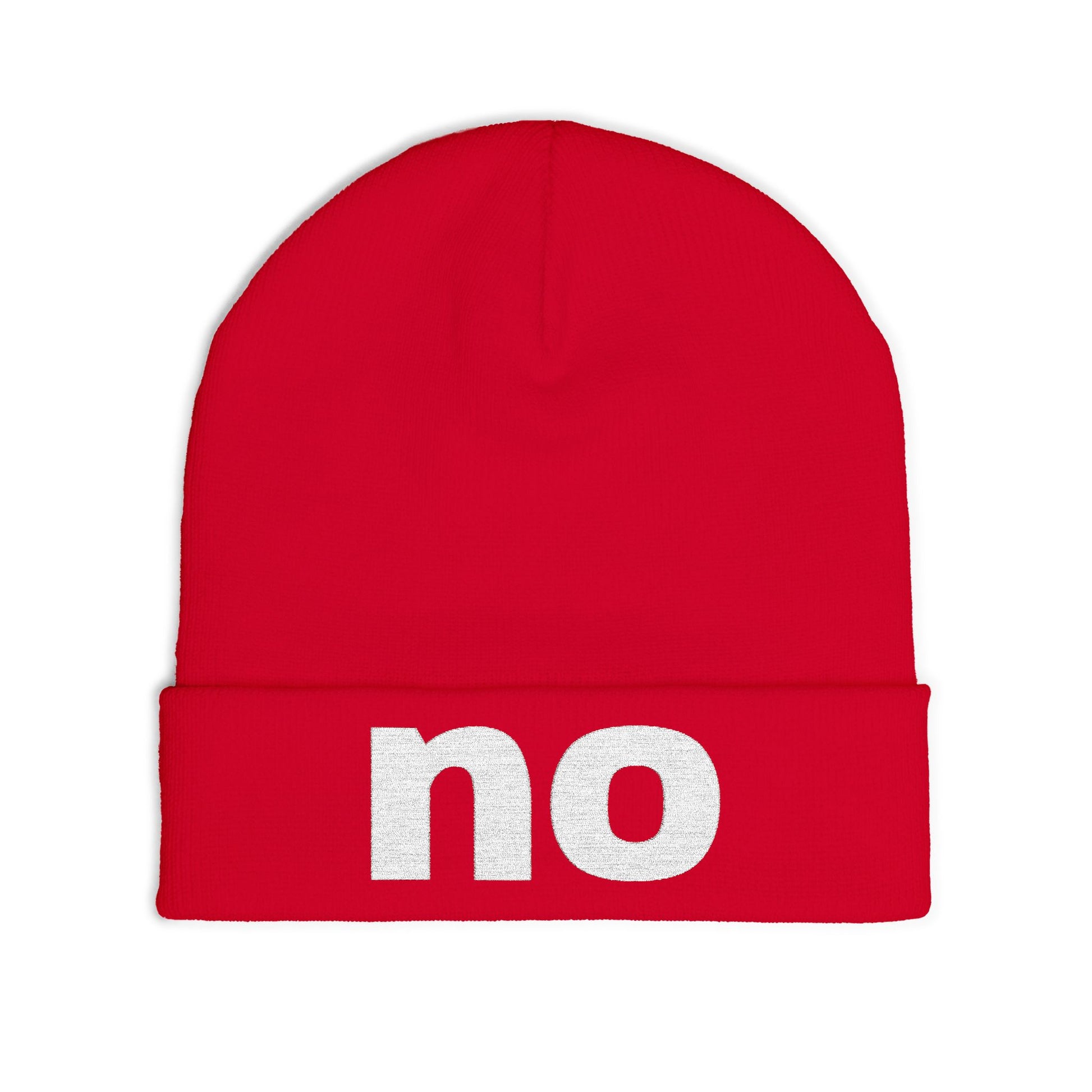 Embroidered beanie with the word “no”.