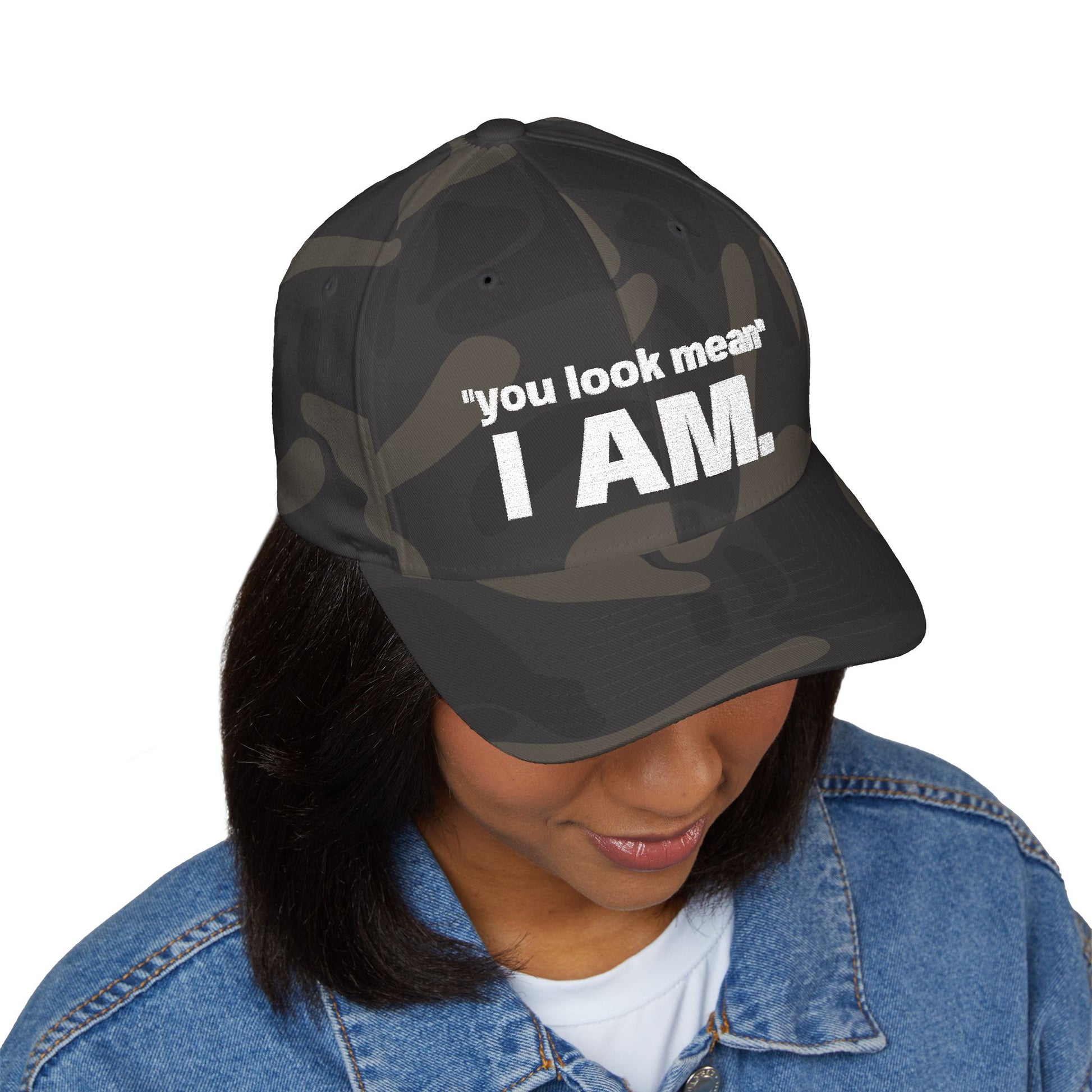 Hat embroidered with “You look mean” and “I am.” text.