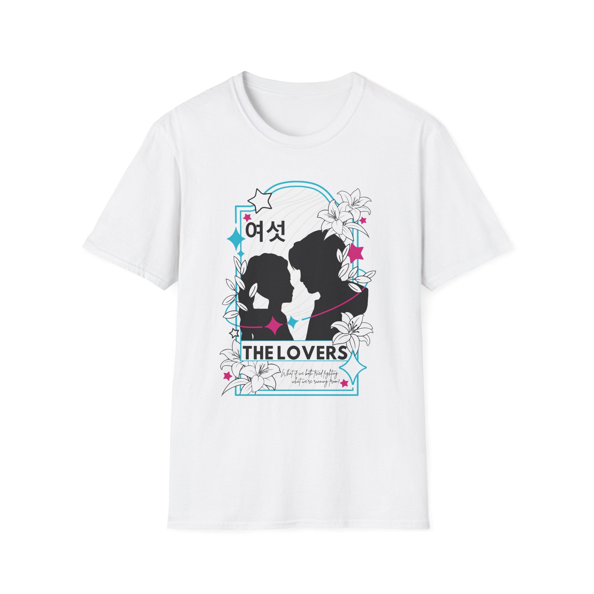 KPOP-inspired Lovers tarot card t-shirt featuring Rumi and Jinu in a mystical, romantic design. Perfect for fans of KPOP, tarot, and unique fashion