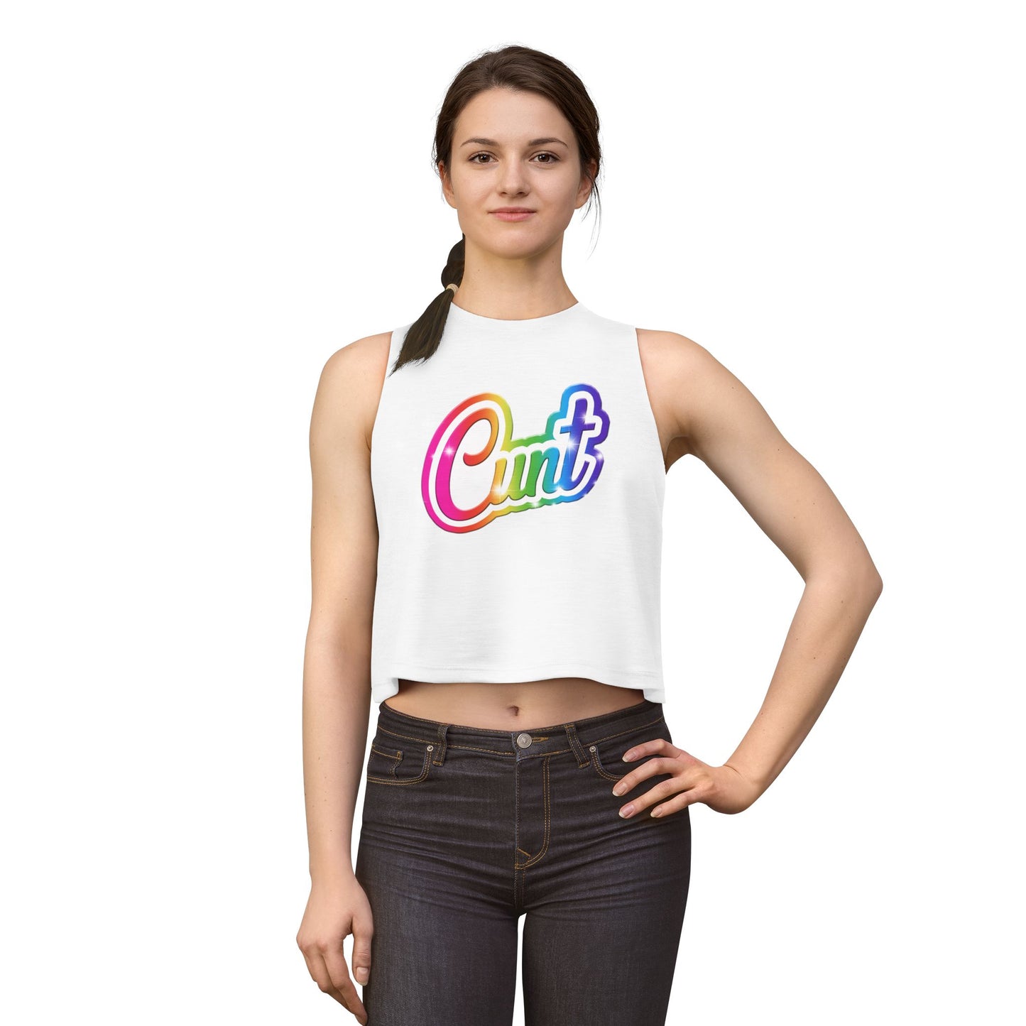 Crop top tank with rainbow Lisa Frank style Cunt lettering.