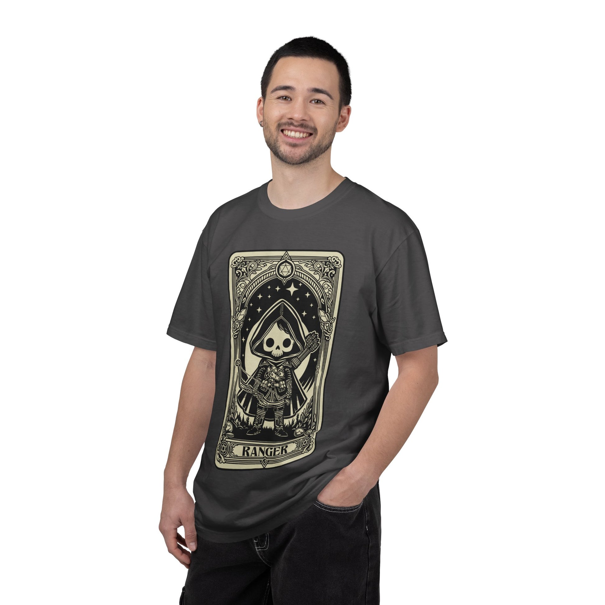 Man wearing a dark gray t-shirt with a graphic DND Ranger design on a white background