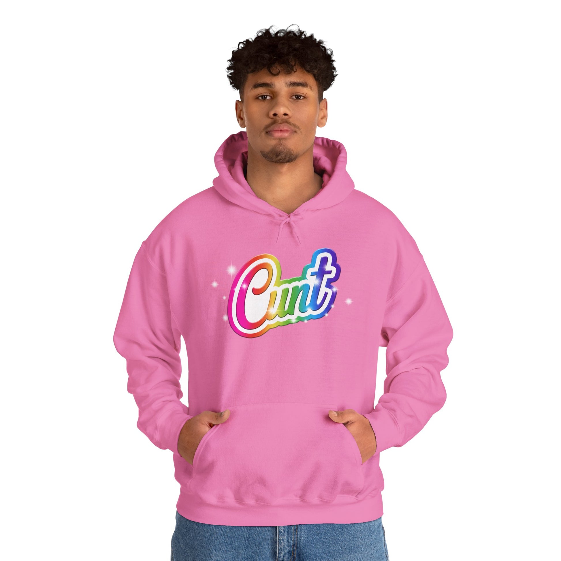 Unisex Hoodie with Lisa Frank Style lettering that says CUNT.