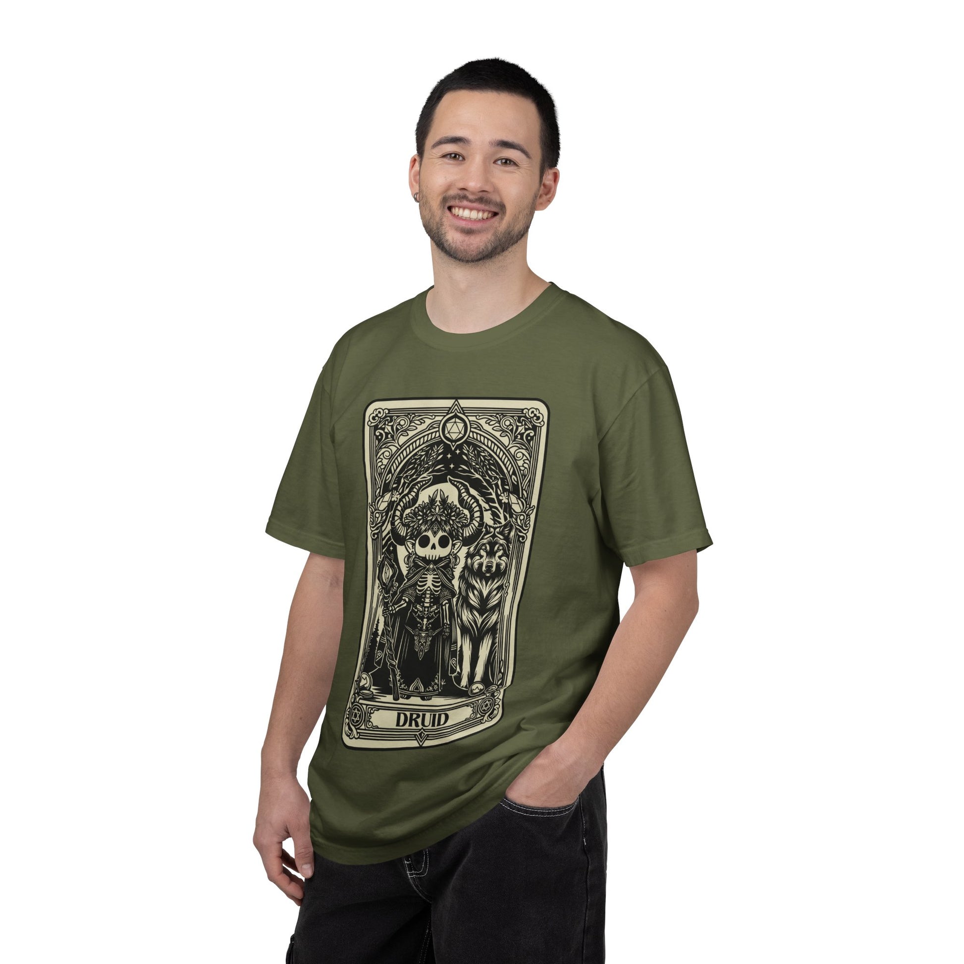 Man wearing a green t-shirt with a graphic Druid design on a white background