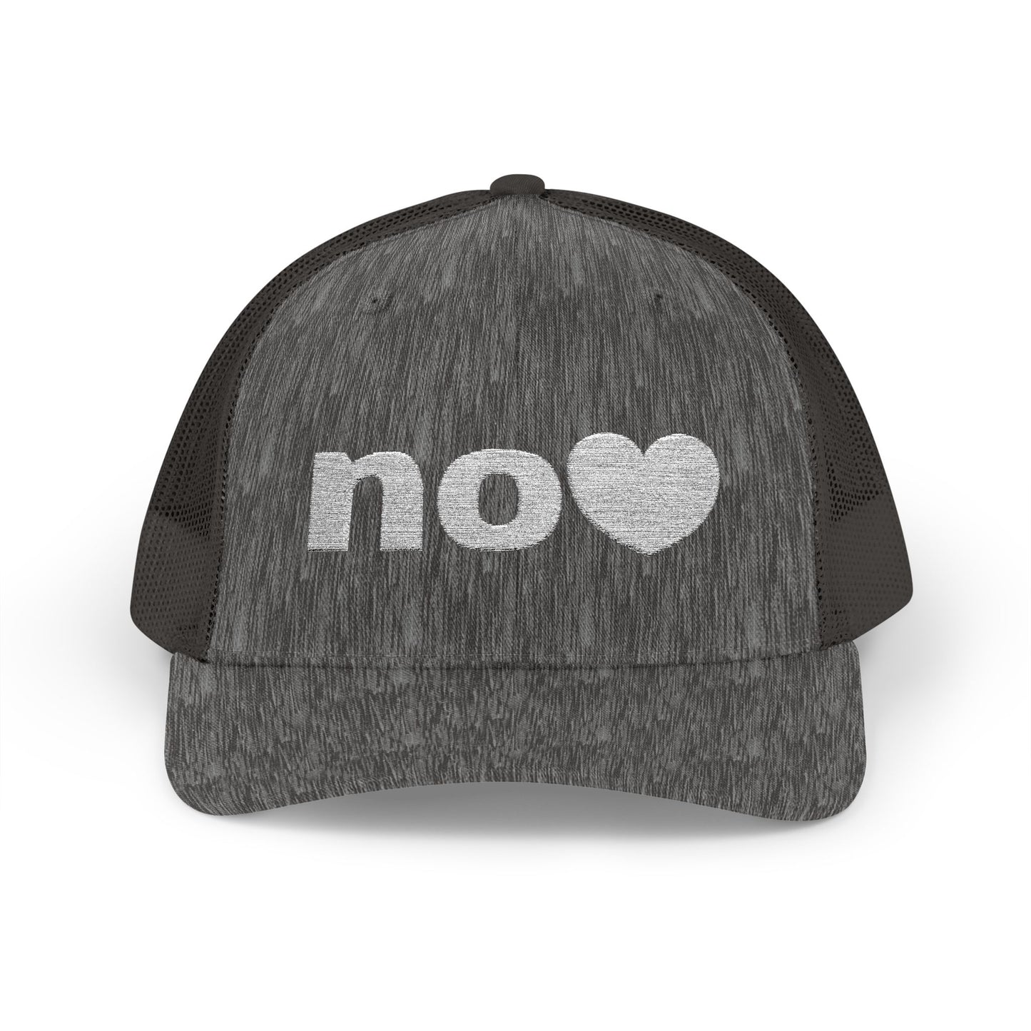 Trucker hat embroidered with NO and a heart.