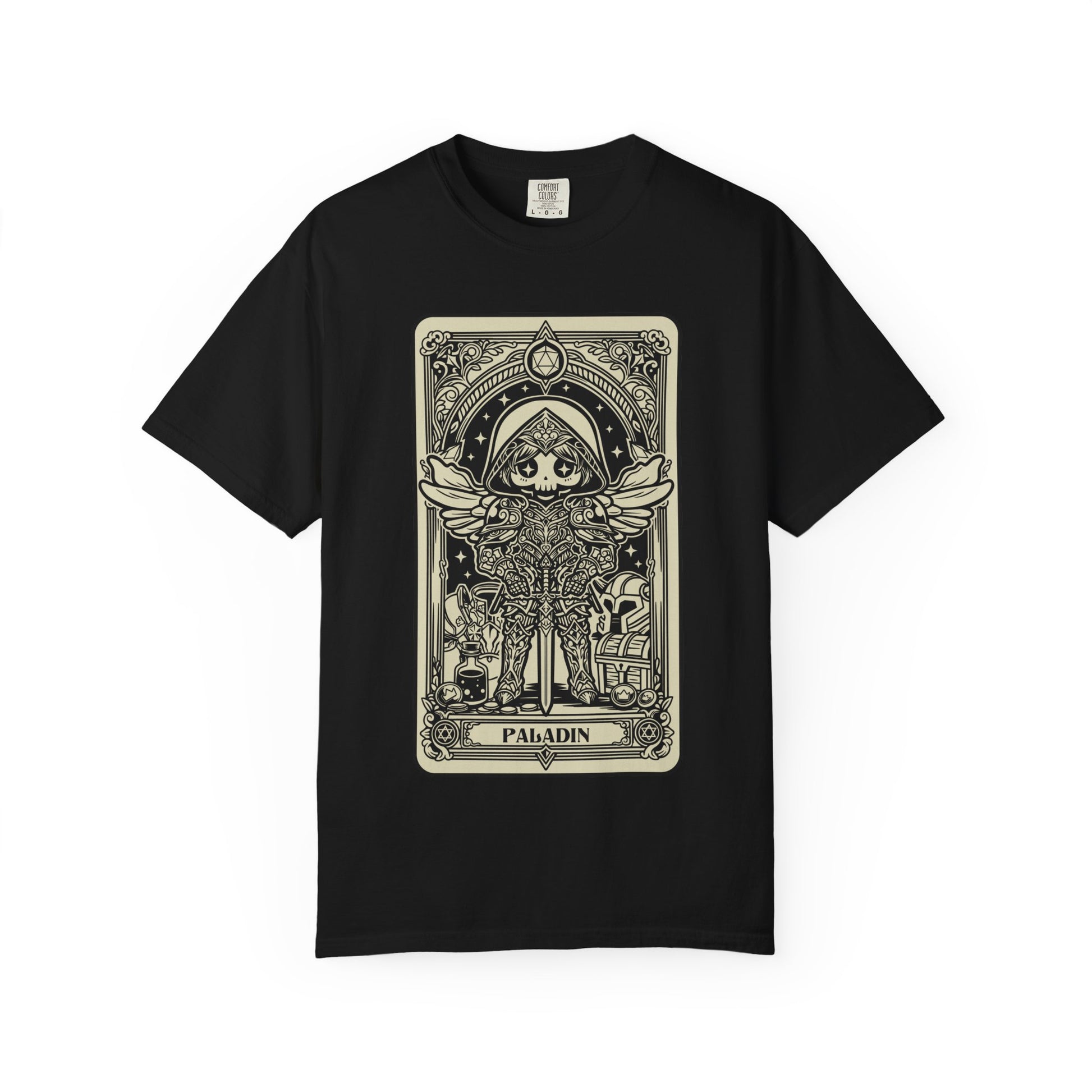 Black t-shirt with a tarot card-style graphic of a character labeled 'Paladin' on a white background