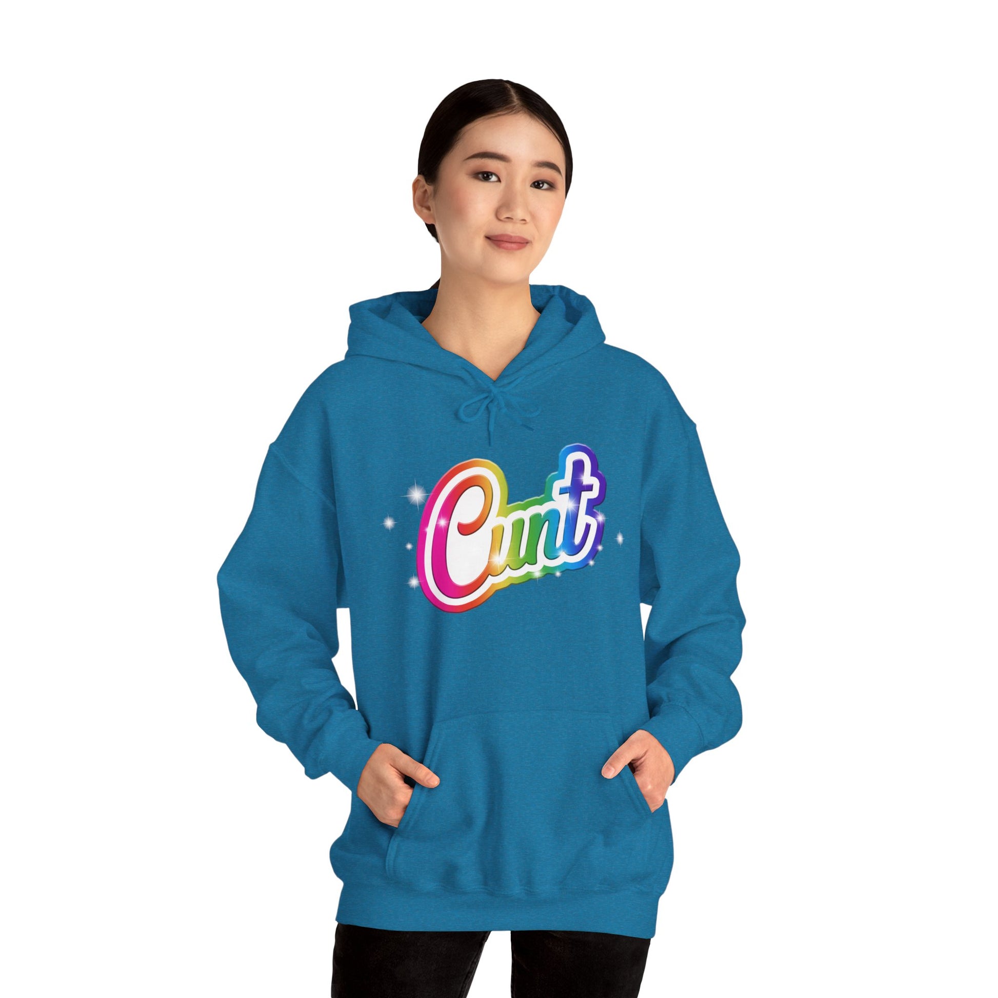 Unisex Hoodie with Lisa Frank Style lettering that says CUNT.