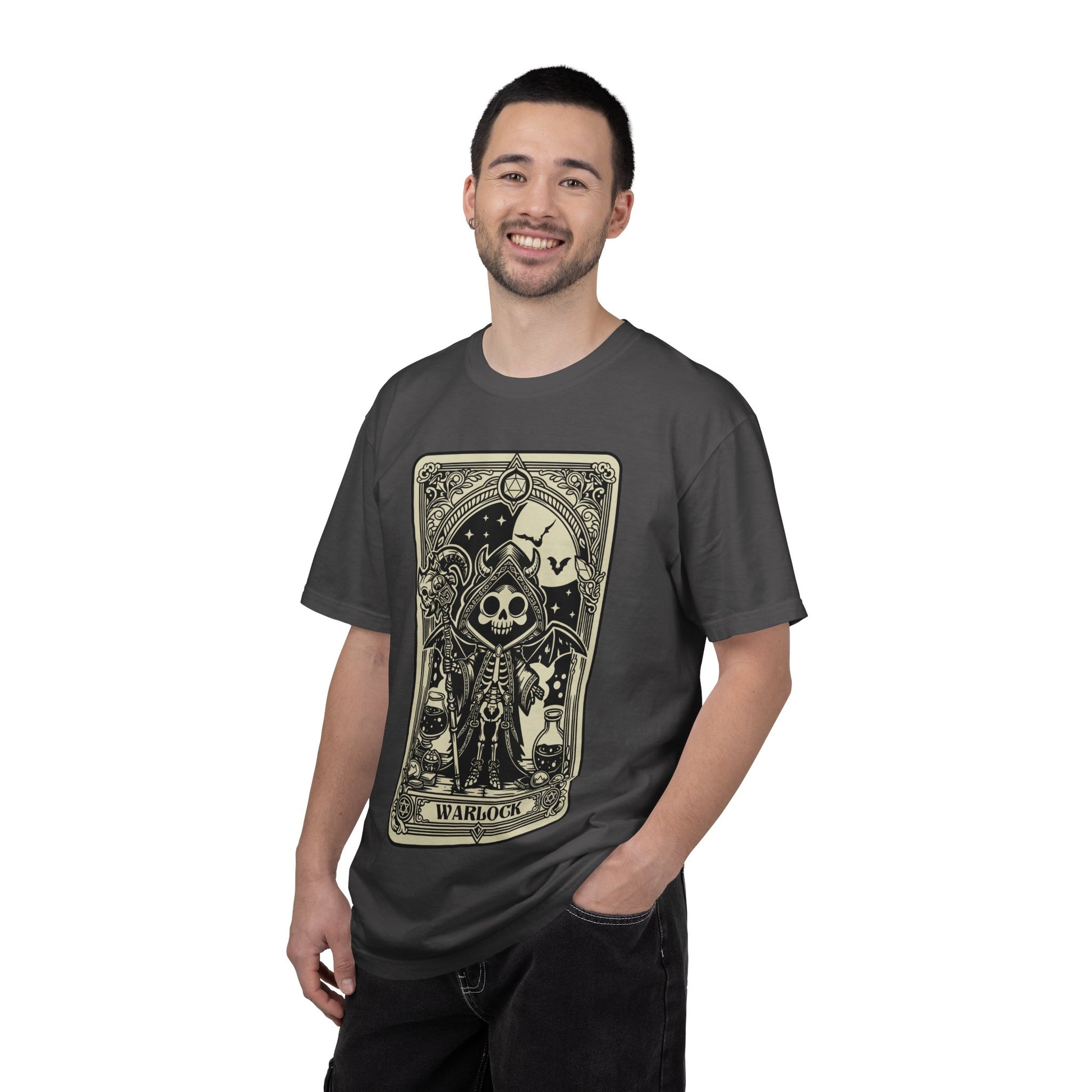 Man wearing a dark gray t-shirt with a DND Warlock graphic design on a white background