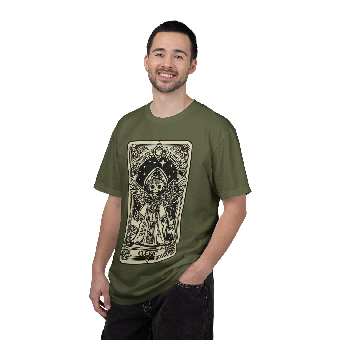 Man wearing a green t-shirt with a DND Cleric graphic design on a white background