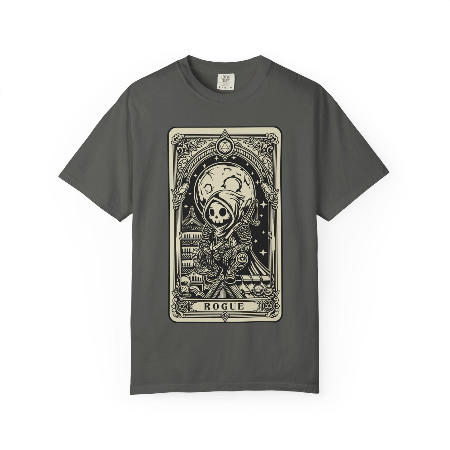 Gray DND Rogue t-shirt with a card-themed design on a white background