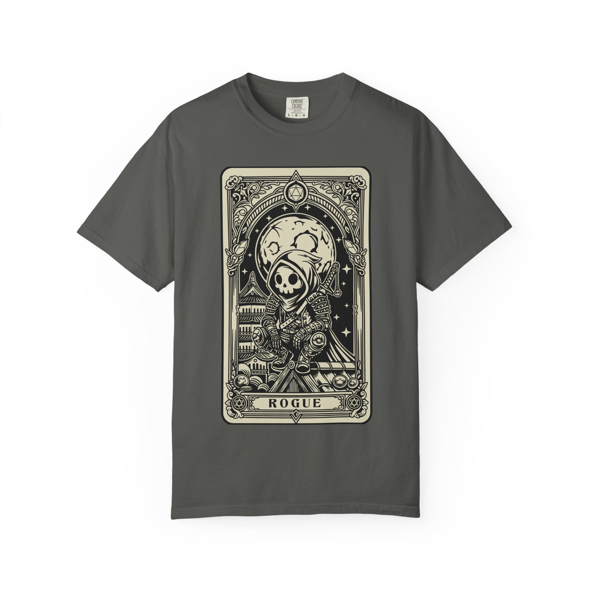 Gray DND Rogue t-shirt with a card-themed design on a white background