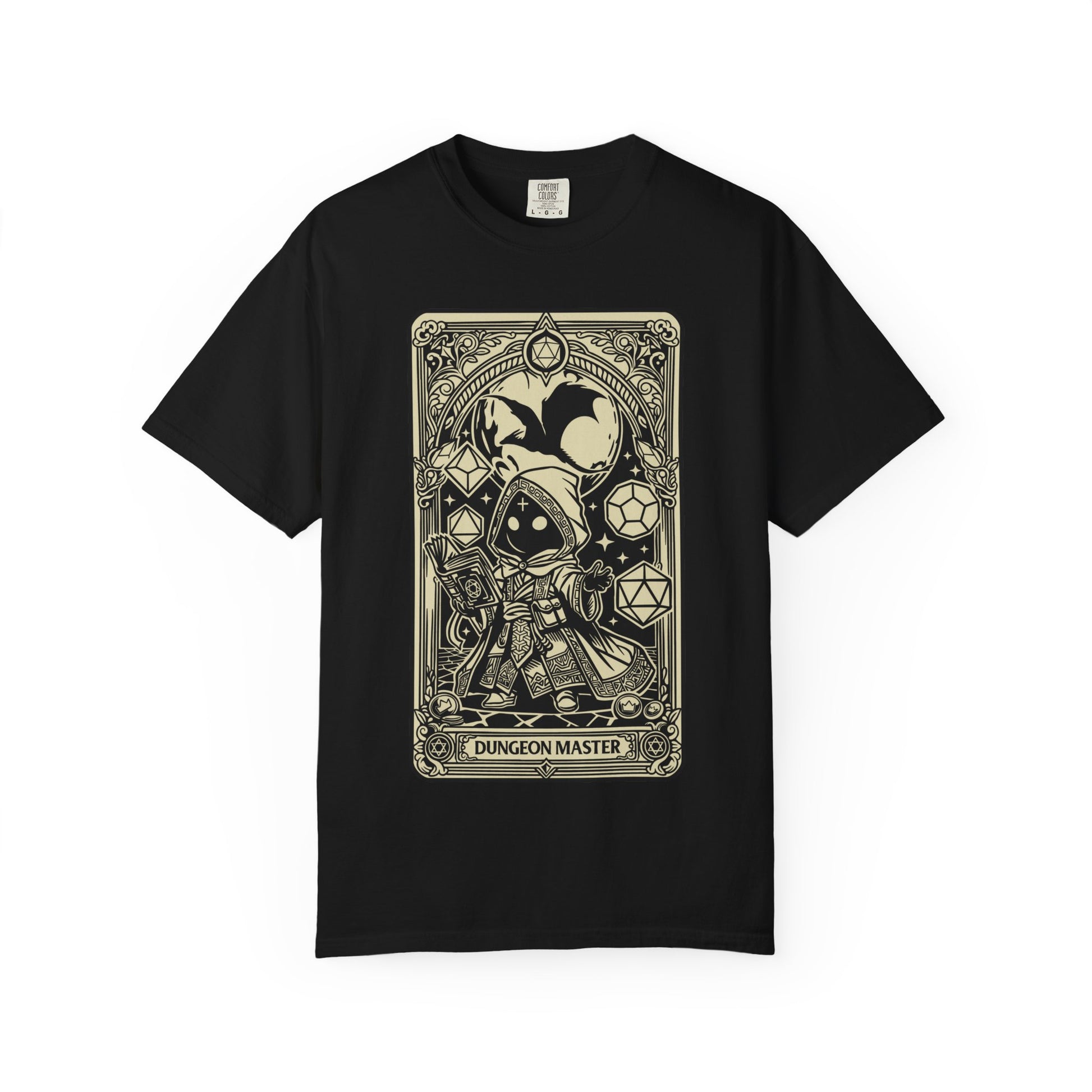 Black t-shirt with a 'Dungeon Master' graphic design on a white background