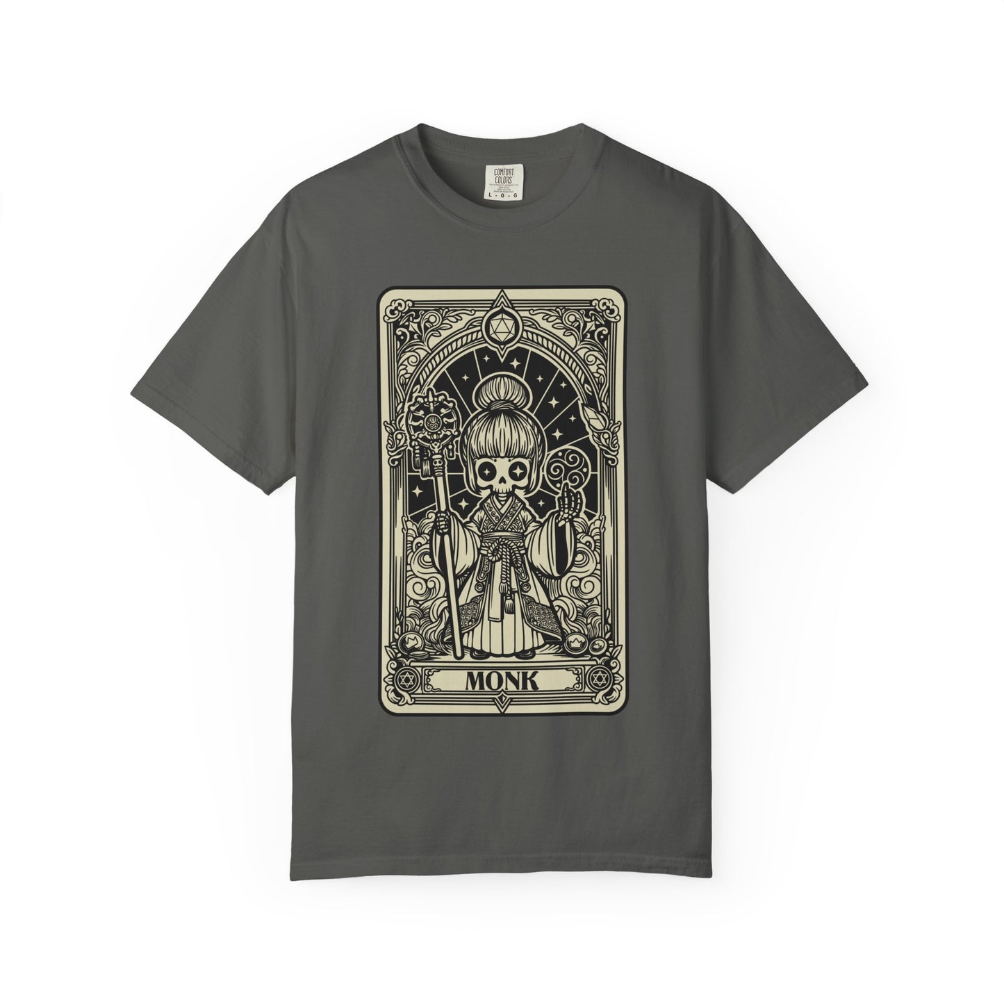Gray t-shirt with a tarot card-style graphic of a monk on a white background