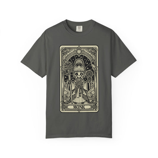 Gray t-shirt with a tarot card-style graphic of a monk on a white background