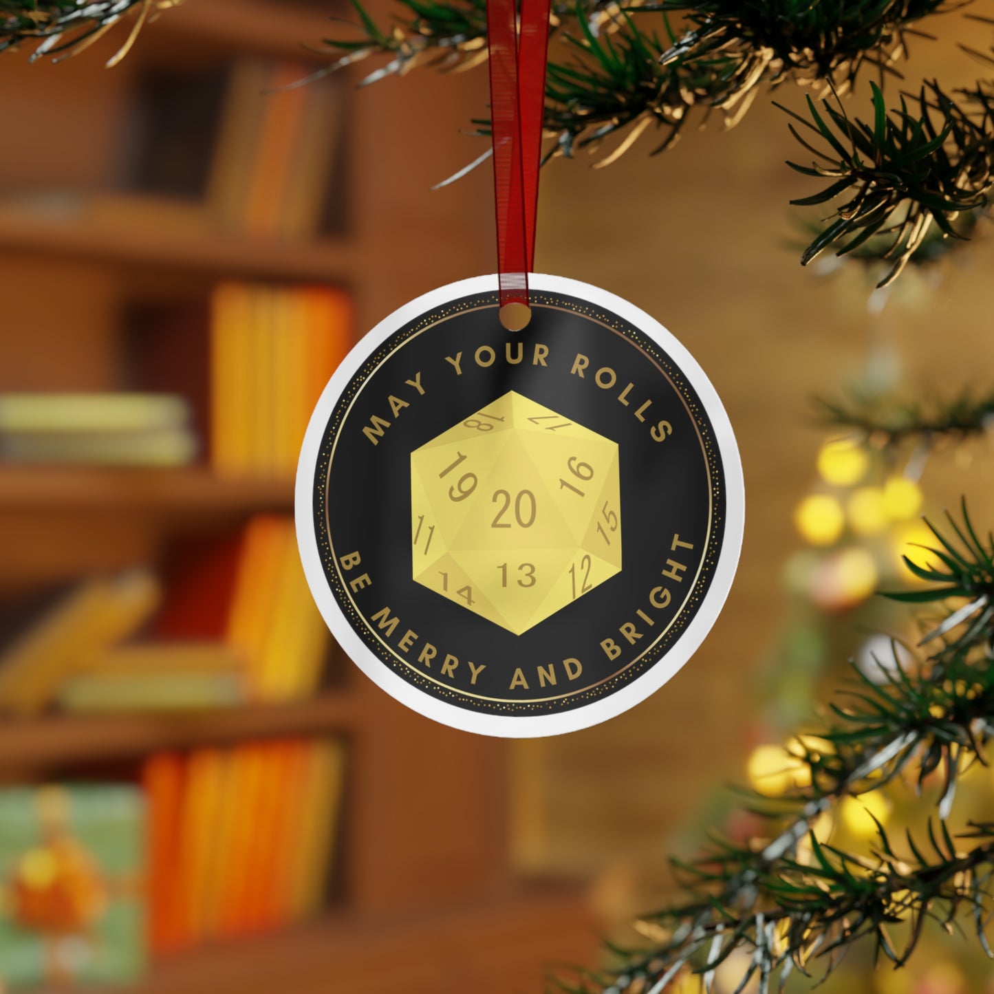 Gaming Christmas Ornament - D20 Dice Design Holiday Decor - 'May Your Rolls Be Merry and Bright' Ornament for Gamers & Tabletop Fans