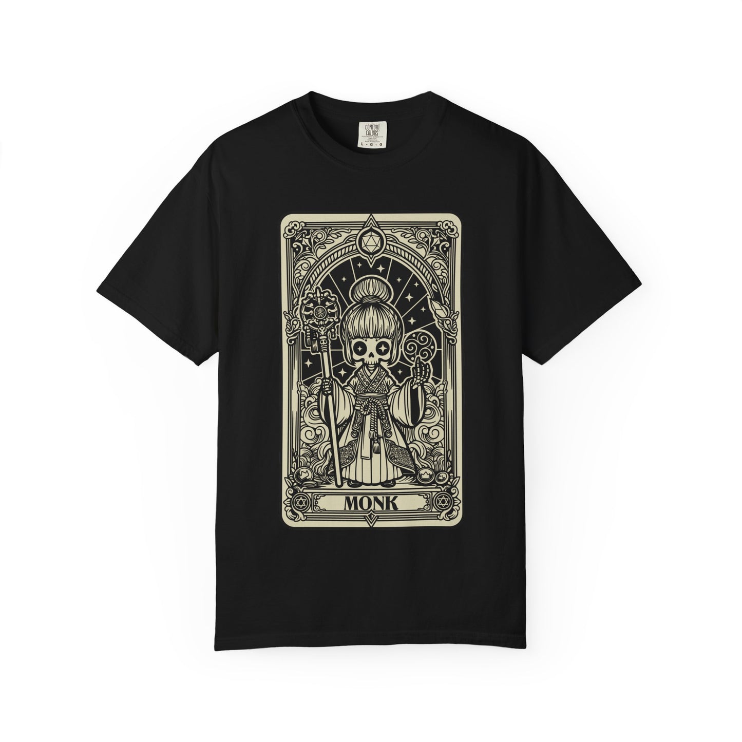 Black t-shirt with a tarot card design featuring a skeleton in monk attire on a white background.