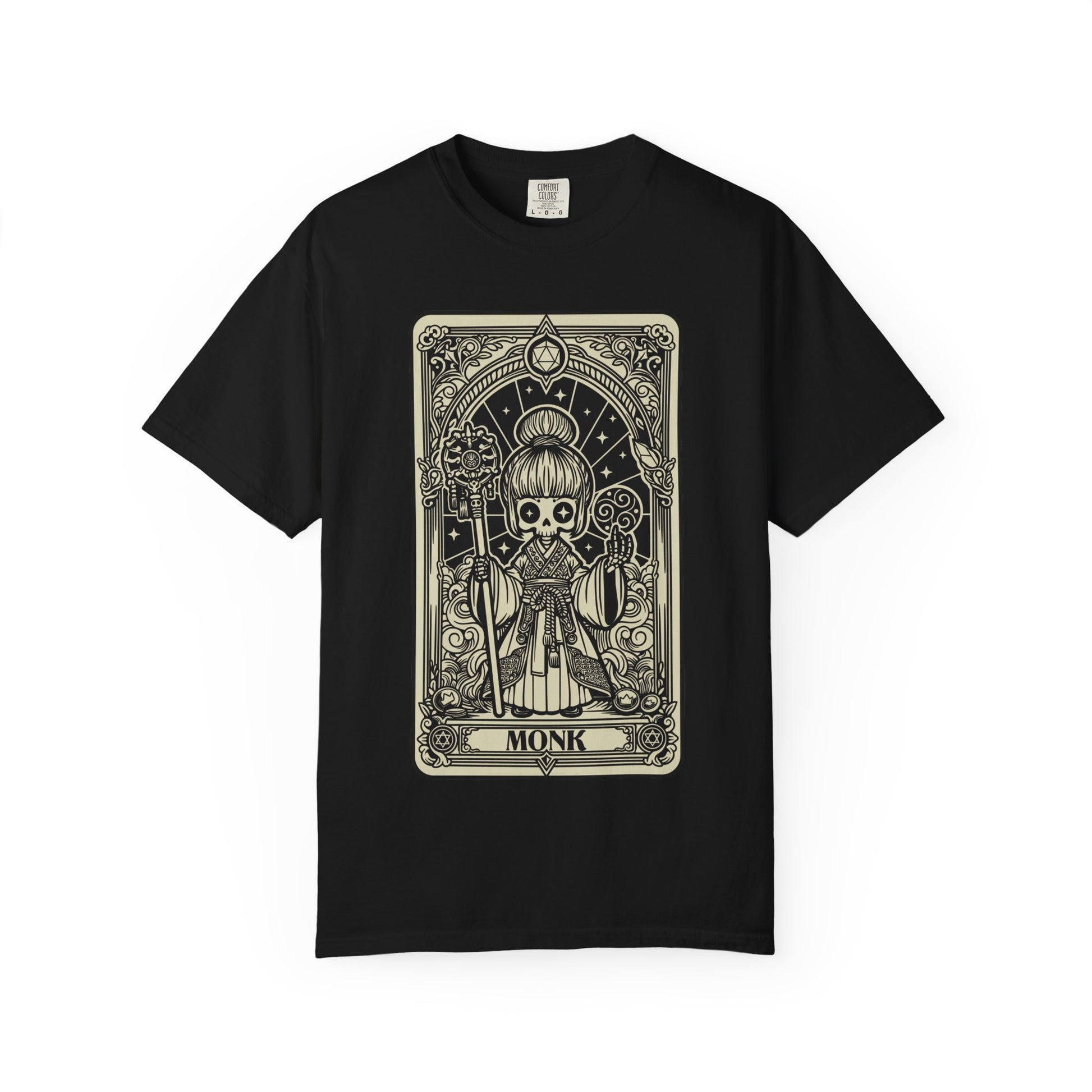 Black t-shirt with a tarot card design featuring a skeleton in monk attire on a white background.