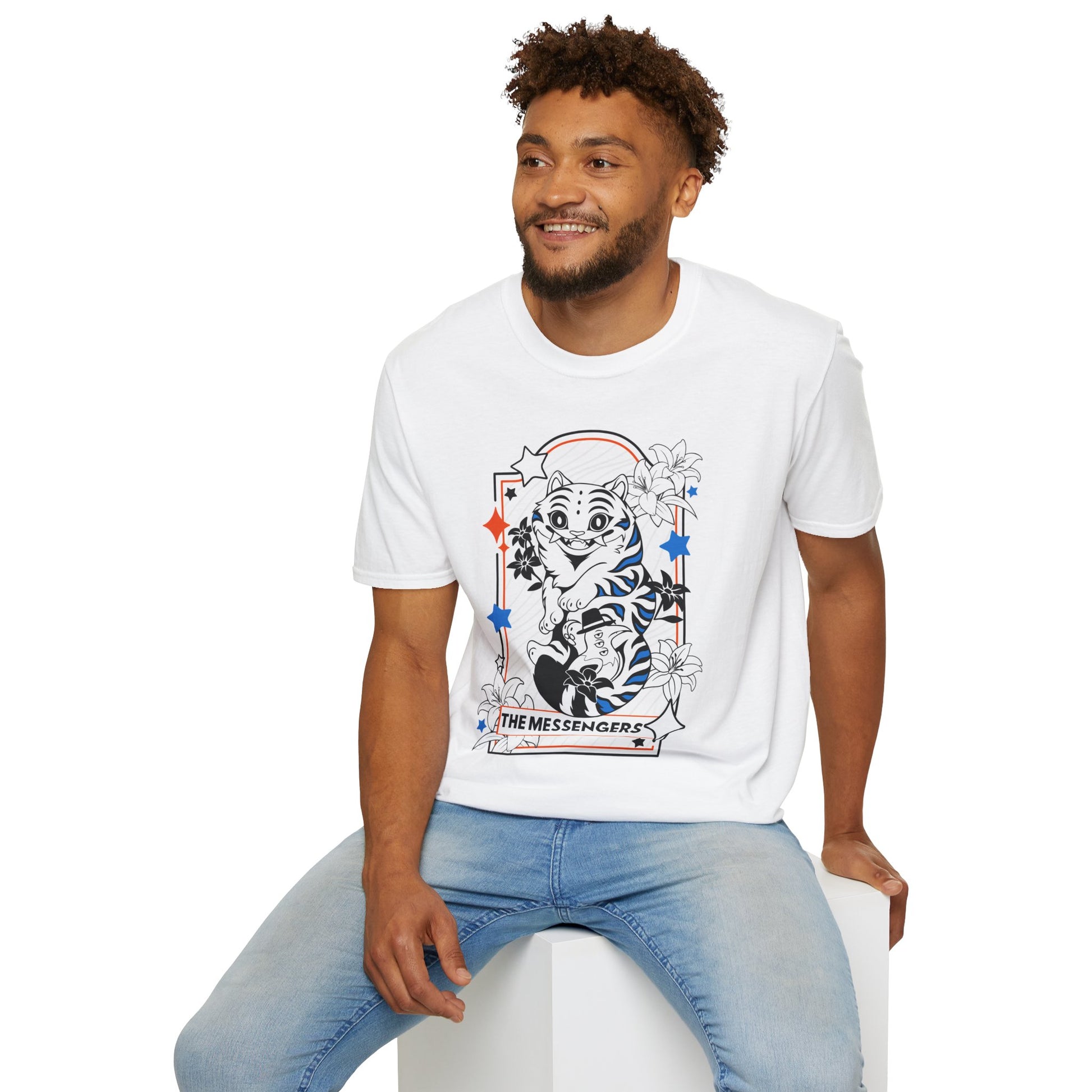 White Unisex T-shirt featuring Derpy Tiger from KPOP Demon Hunters as a Tarot Card. Perfect mashup tee for KDH and tarot lovers alike.